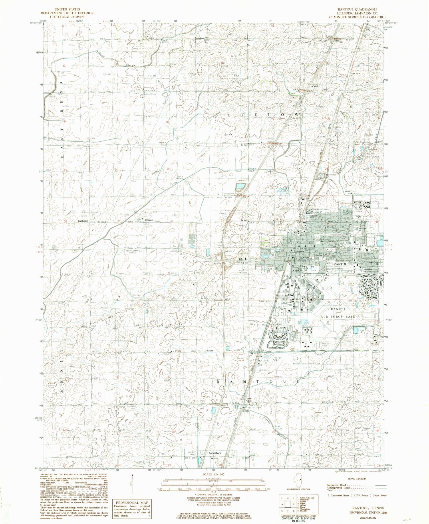 Classic USGS Rantoul Illinois 7.5'x7.5' Topo Map Image