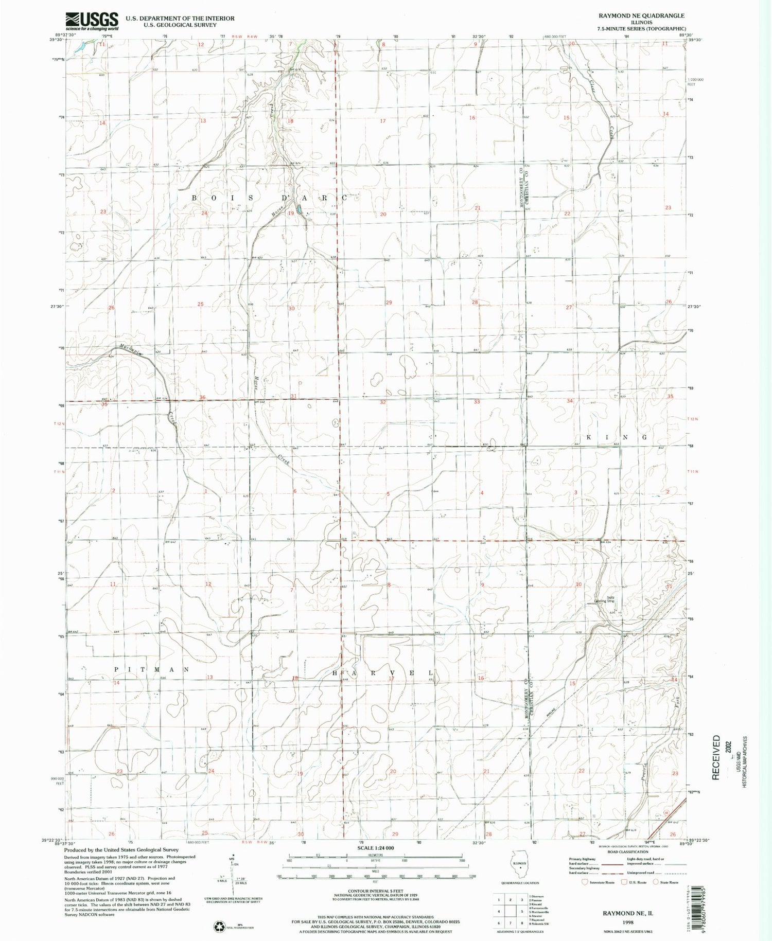Classic USGS Raymond NE Illinois 7.5'x7.5' Topo Map Image