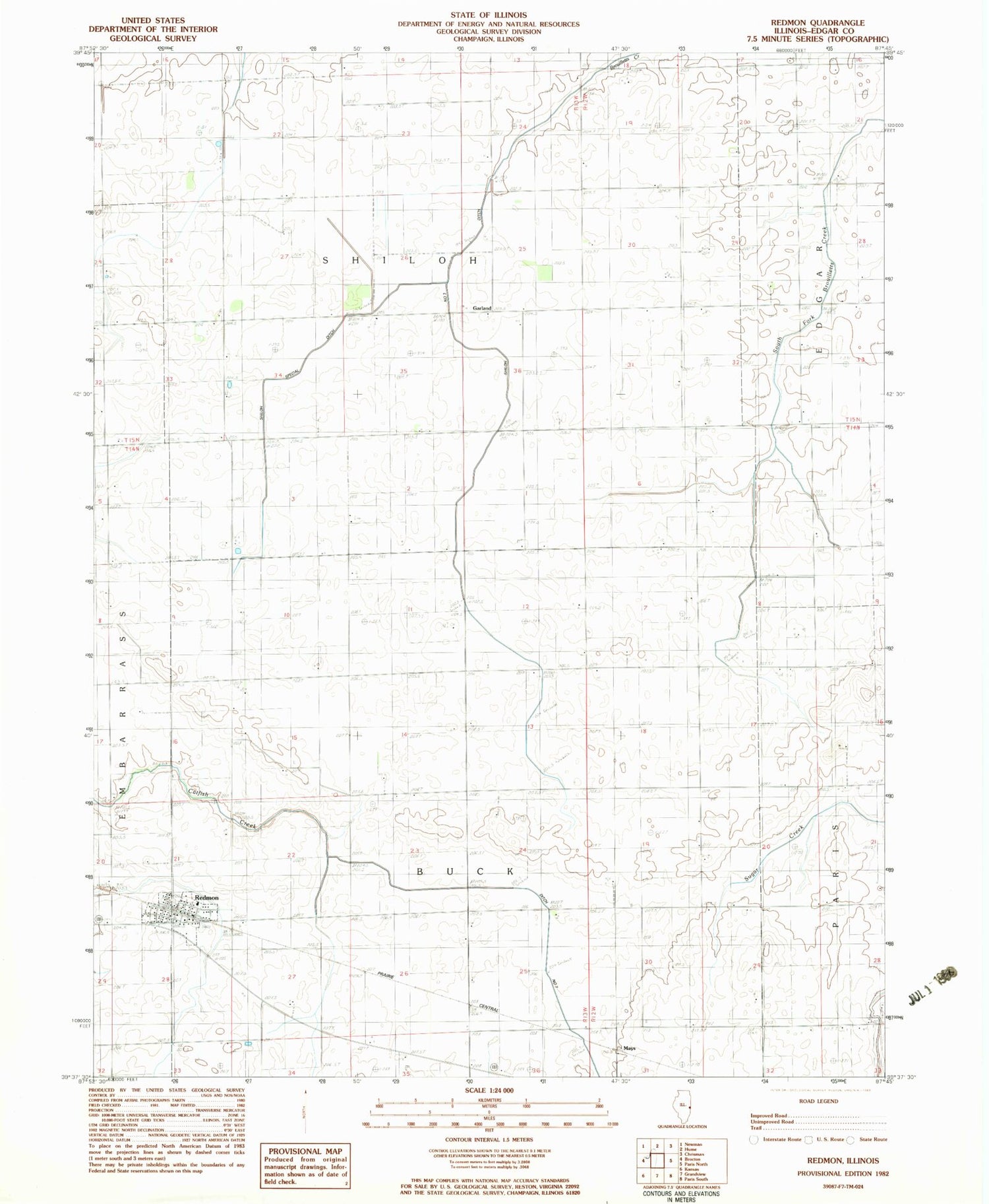 Classic USGS Redmon Illinois 7.5'x7.5' Topo Map Image