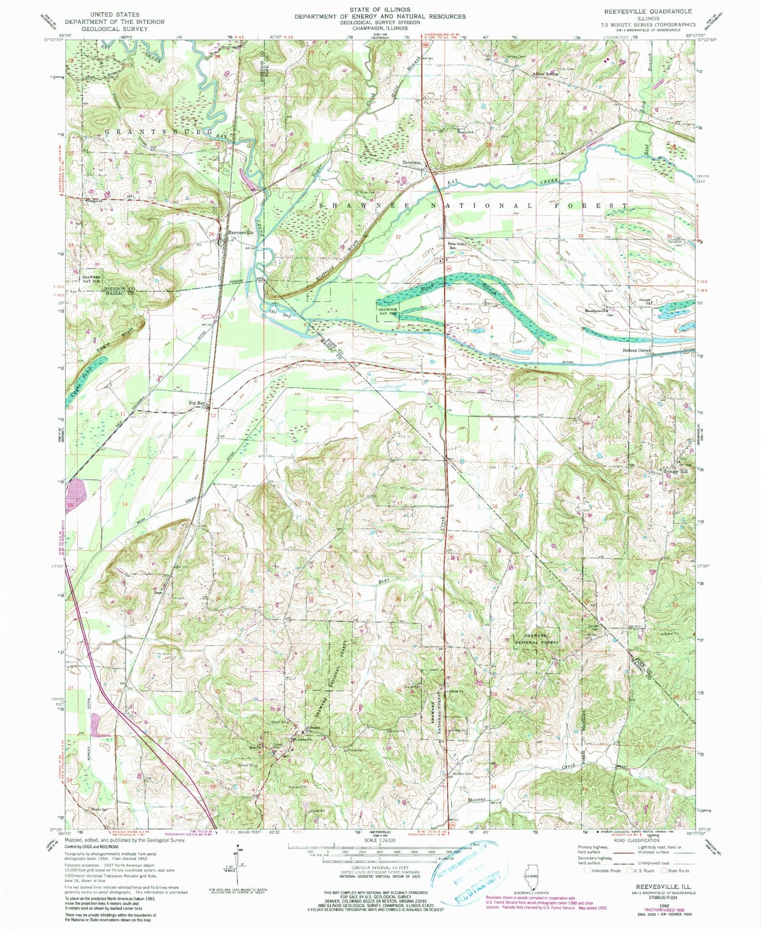 Classic USGS Reevesville Illinois 7.5'x7.5' Topo Map Image