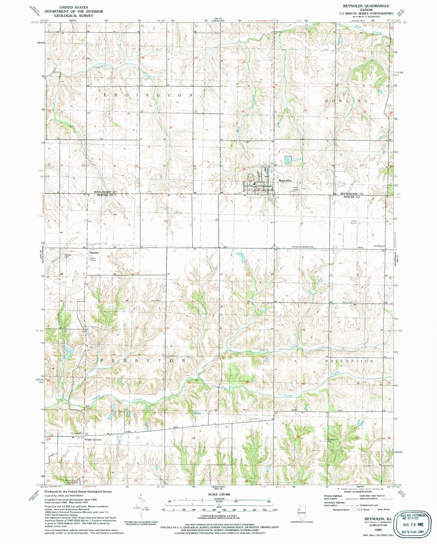 Classic USGS Reynolds Illinois 7.5'x7.5' Topo Map Image