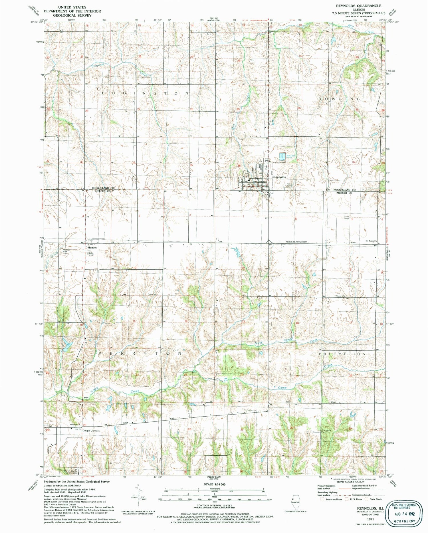 Classic USGS Reynolds Illinois 7.5'x7.5' Topo Map Image