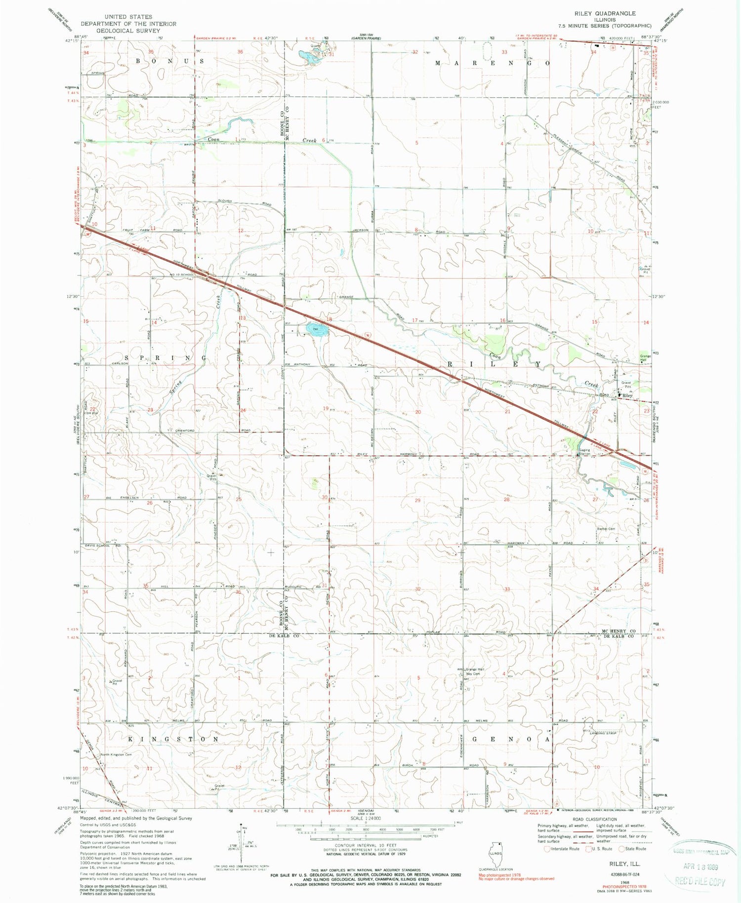 Classic USGS Riley Illinois 7.5'x7.5' Topo Map Image