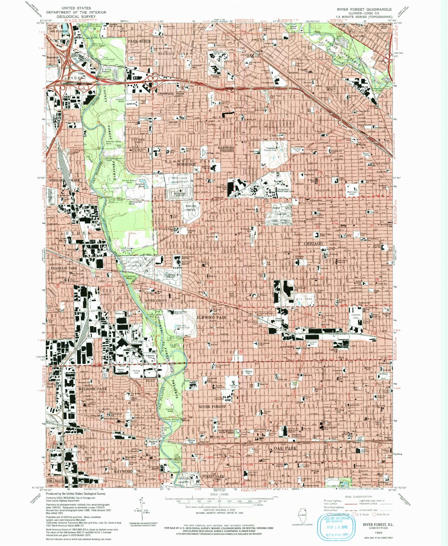 Classic USGS River Forest Illinois 7.5'x7.5' Topo Map Image