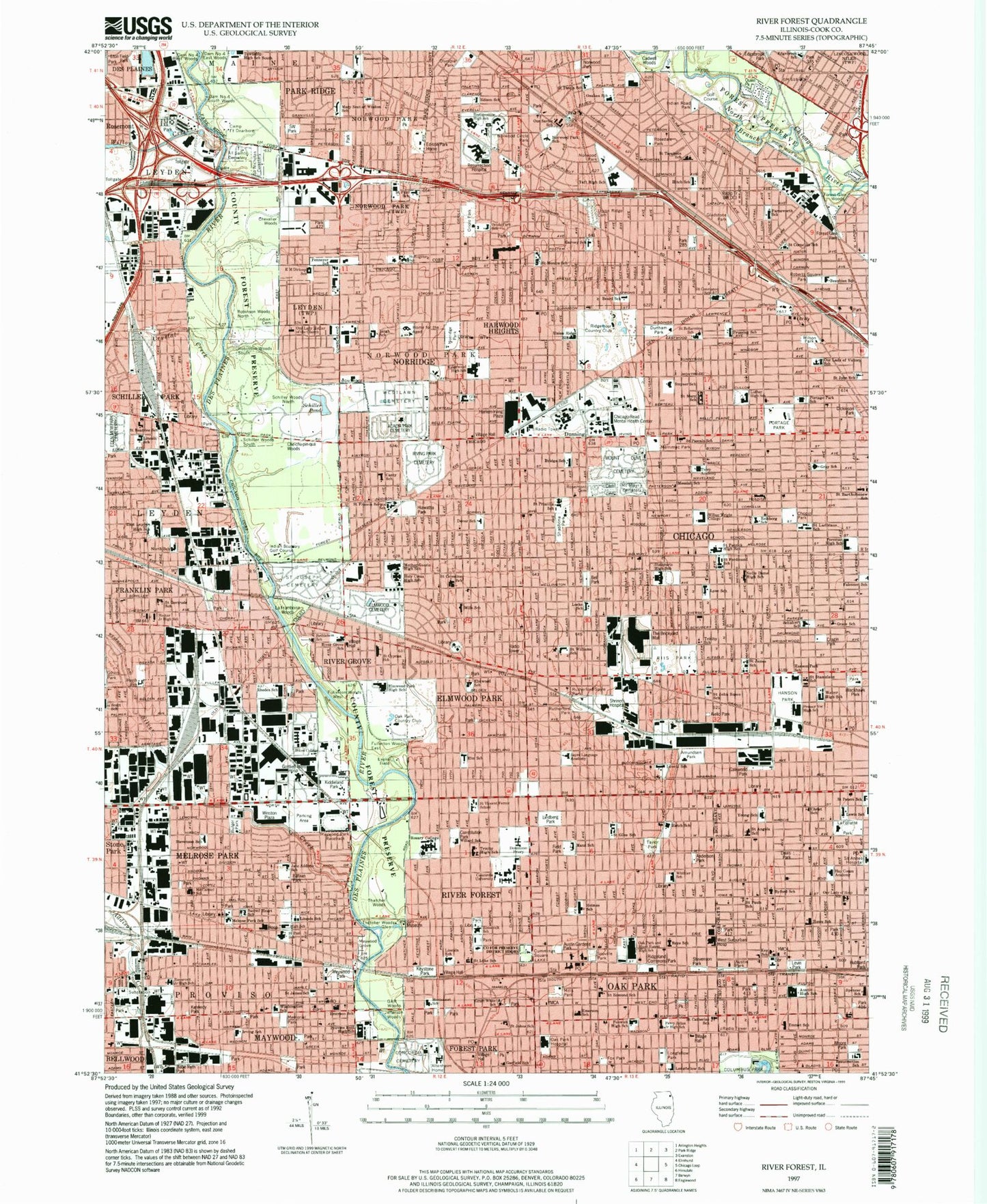 Classic USGS River Forest Illinois 7.5'x7.5' Topo Map Image