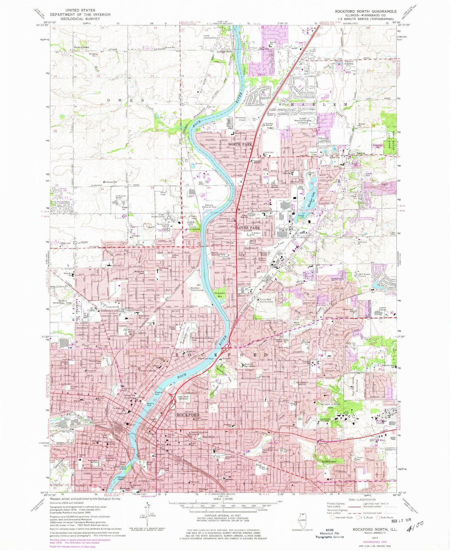 Classic USGS Rockford North Illinois 7.5'x7.5' Topo Map Image