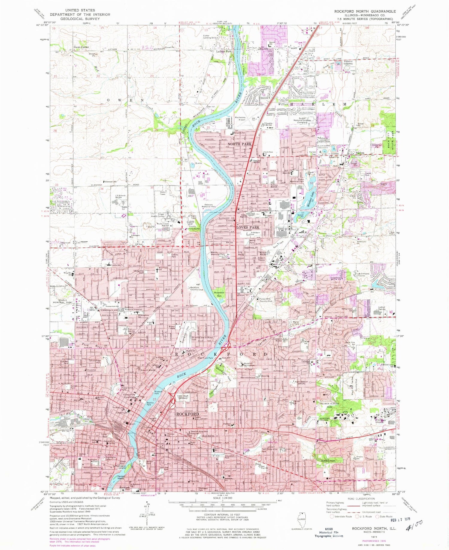 Classic USGS Rockford North Illinois 7.5'x7.5' Topo Map Image
