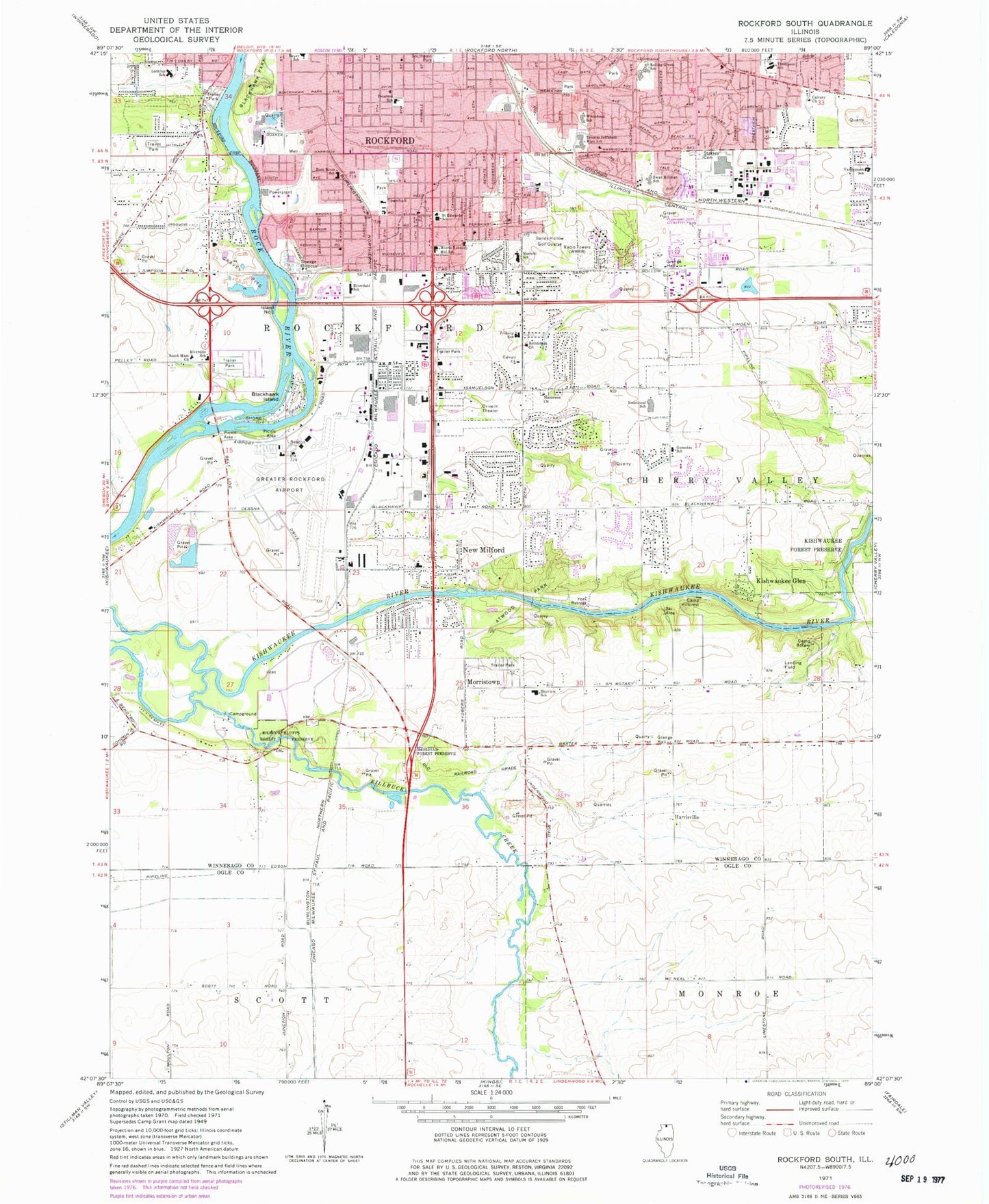 Classic USGS Rockford South Illinois 7.5'x7.5' Topo Map Image