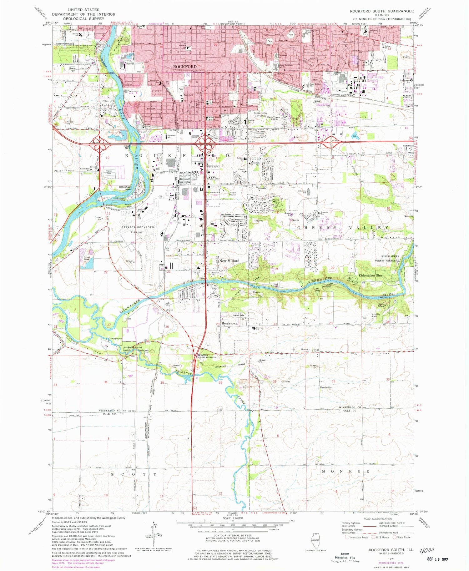 Classic USGS Rockford South Illinois 7.5'x7.5' Topo Map Image