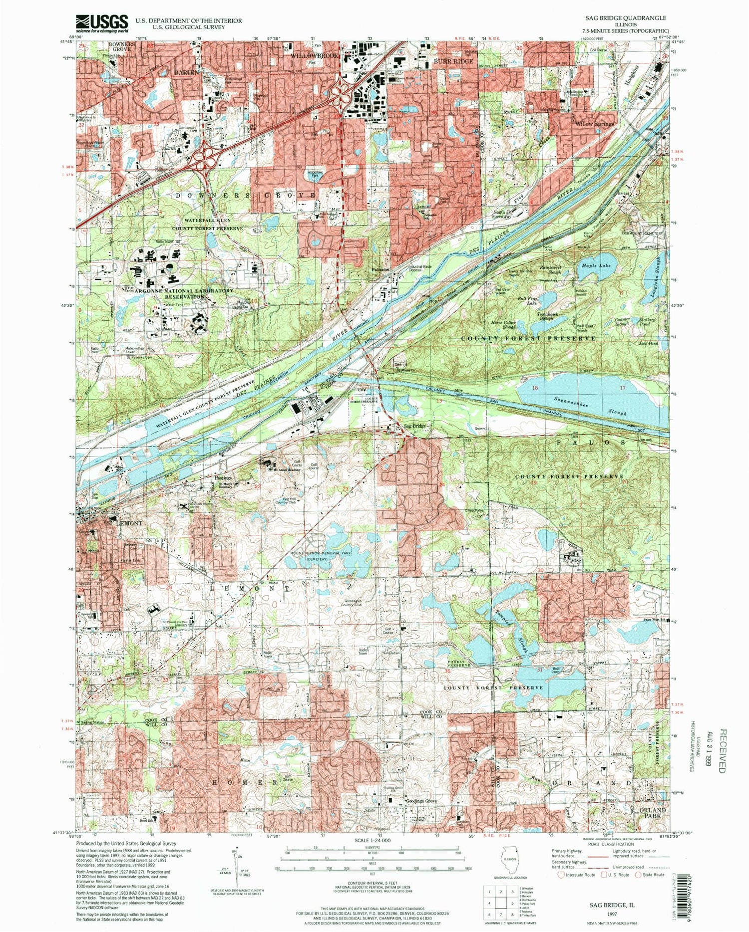 Classic USGS Sag Bridge Illinois 7.5'x7.5' Topo Map Image