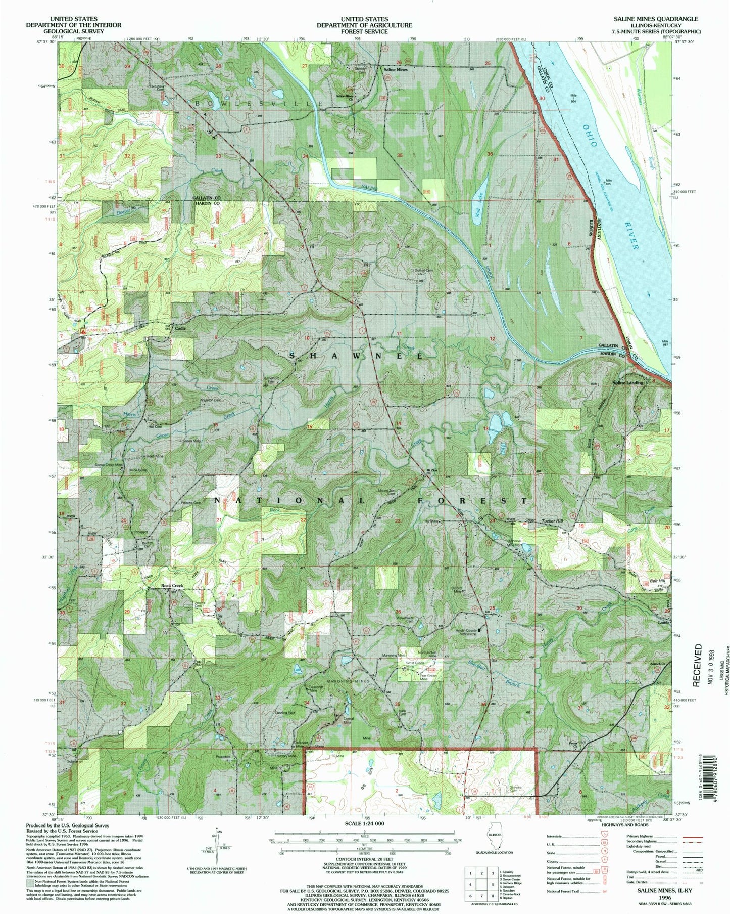 Classic USGS Saline Mines Illinois 7.5'x7.5' Topo Map Image