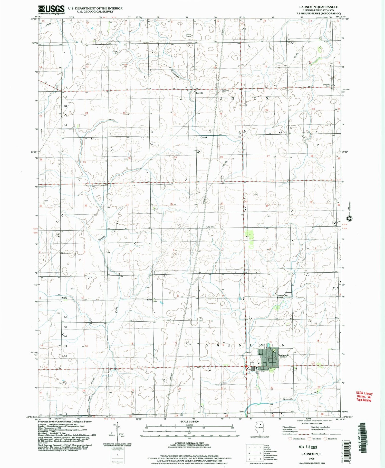 Classic USGS Saunemin Illinois 7.5'x7.5' Topo Map Image