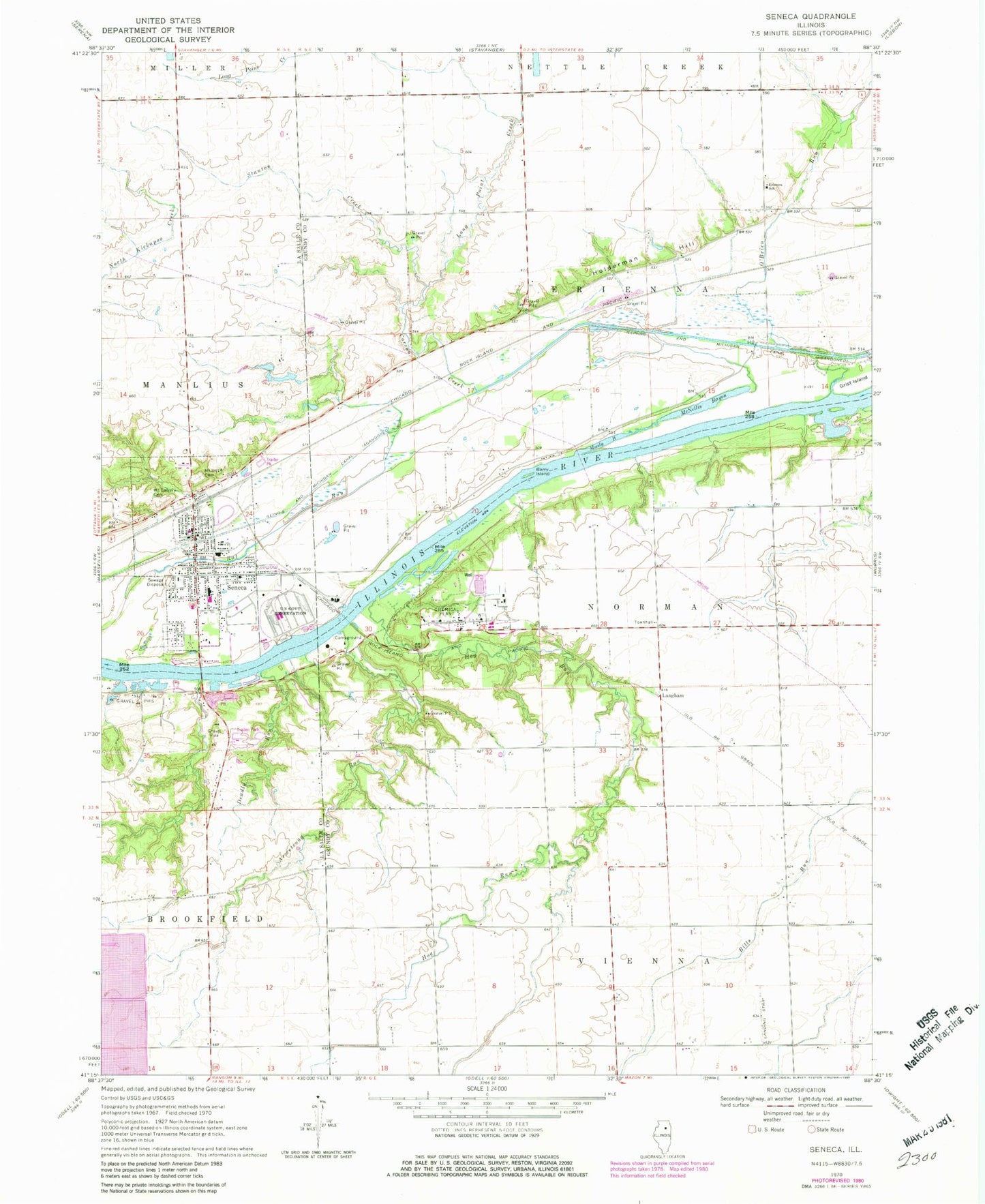 Classic USGS Seneca Illinois 7.5'x7.5' Topo Map Image