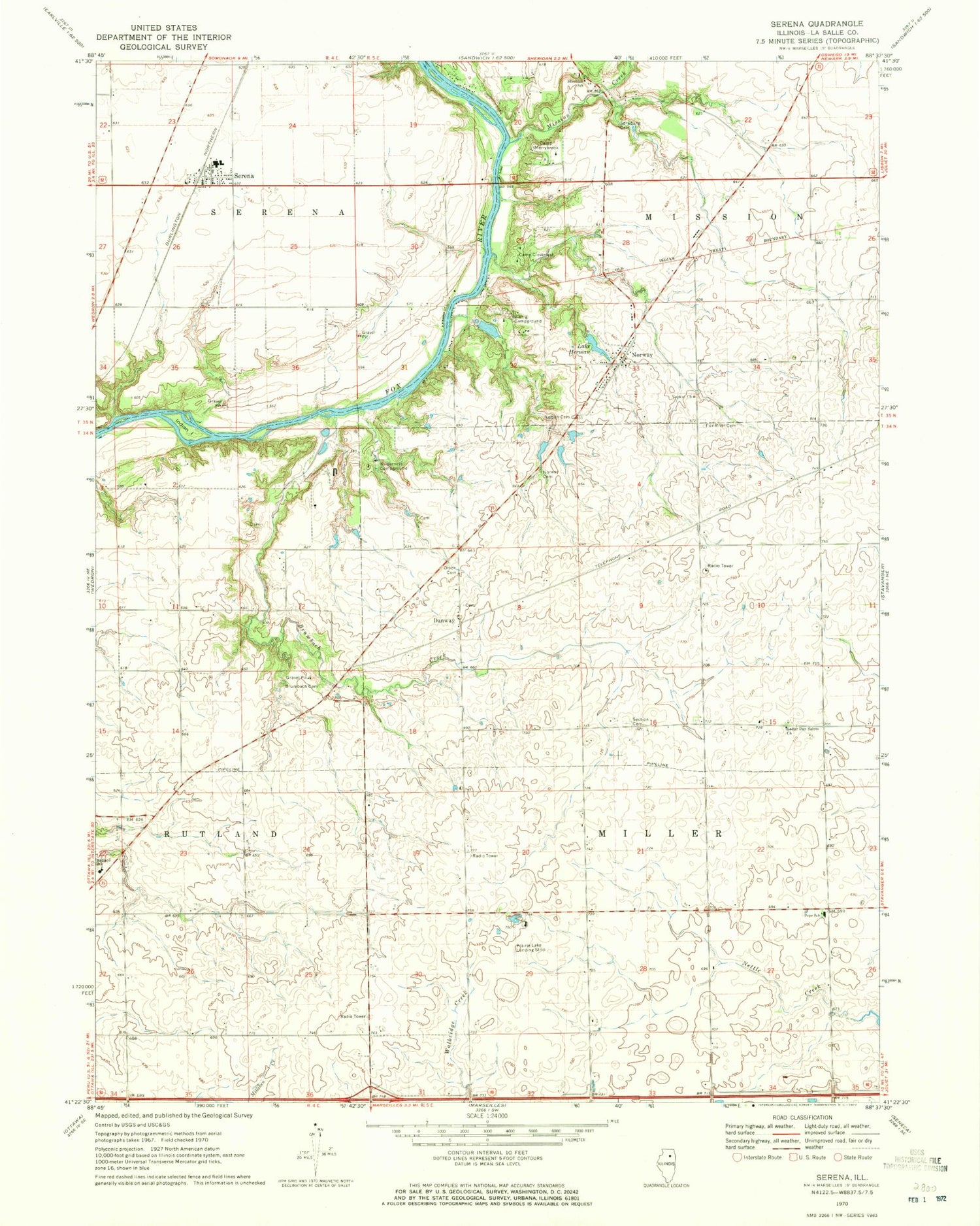 Classic USGS Serena Illinois 7.5'x7.5' Topo Map Image