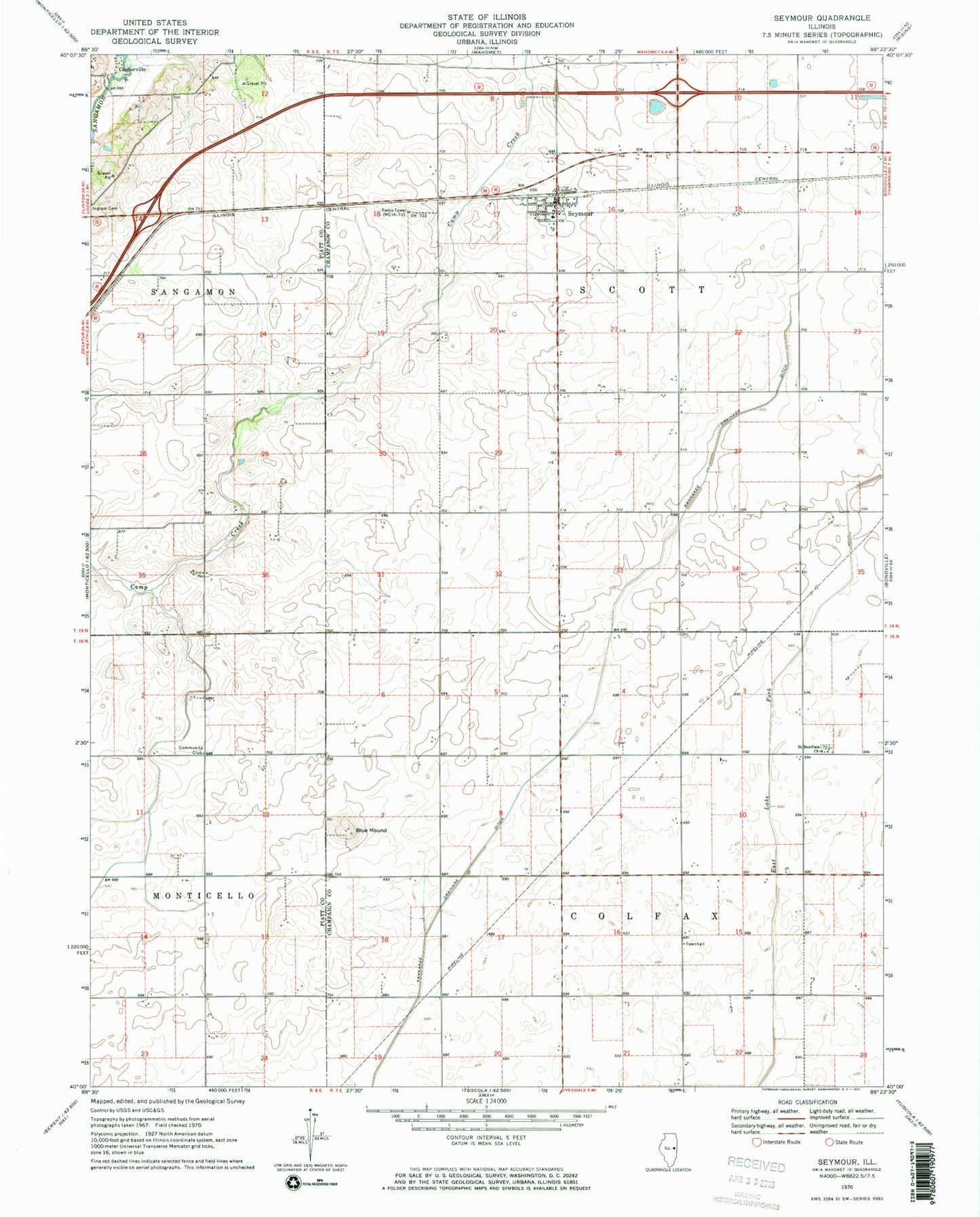 Classic USGS Seymour Illinois 7.5'x7.5' Topo Map Image