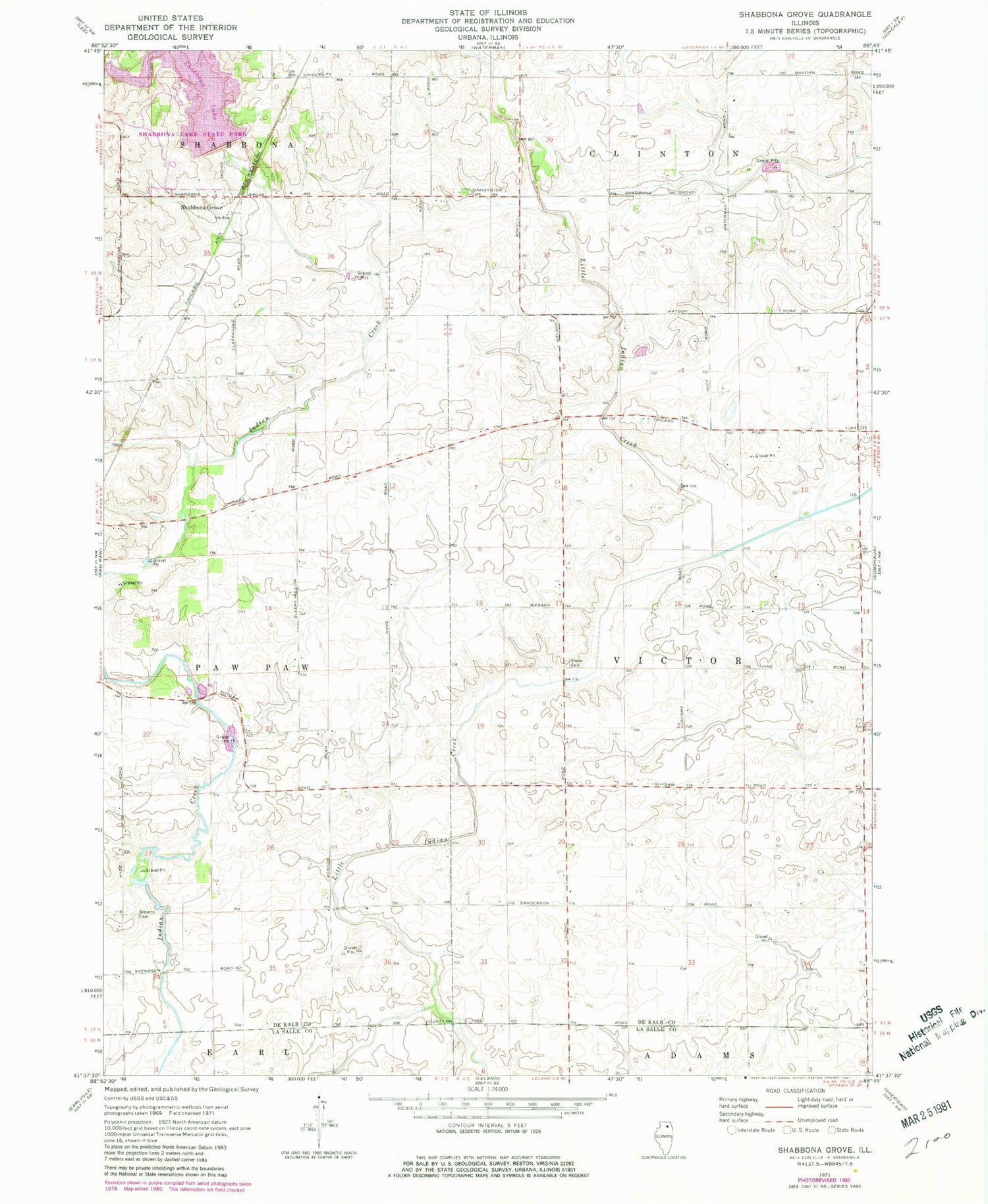 Classic USGS Shabbona Grove Illinois 7.5'x7.5' Topo Map Image