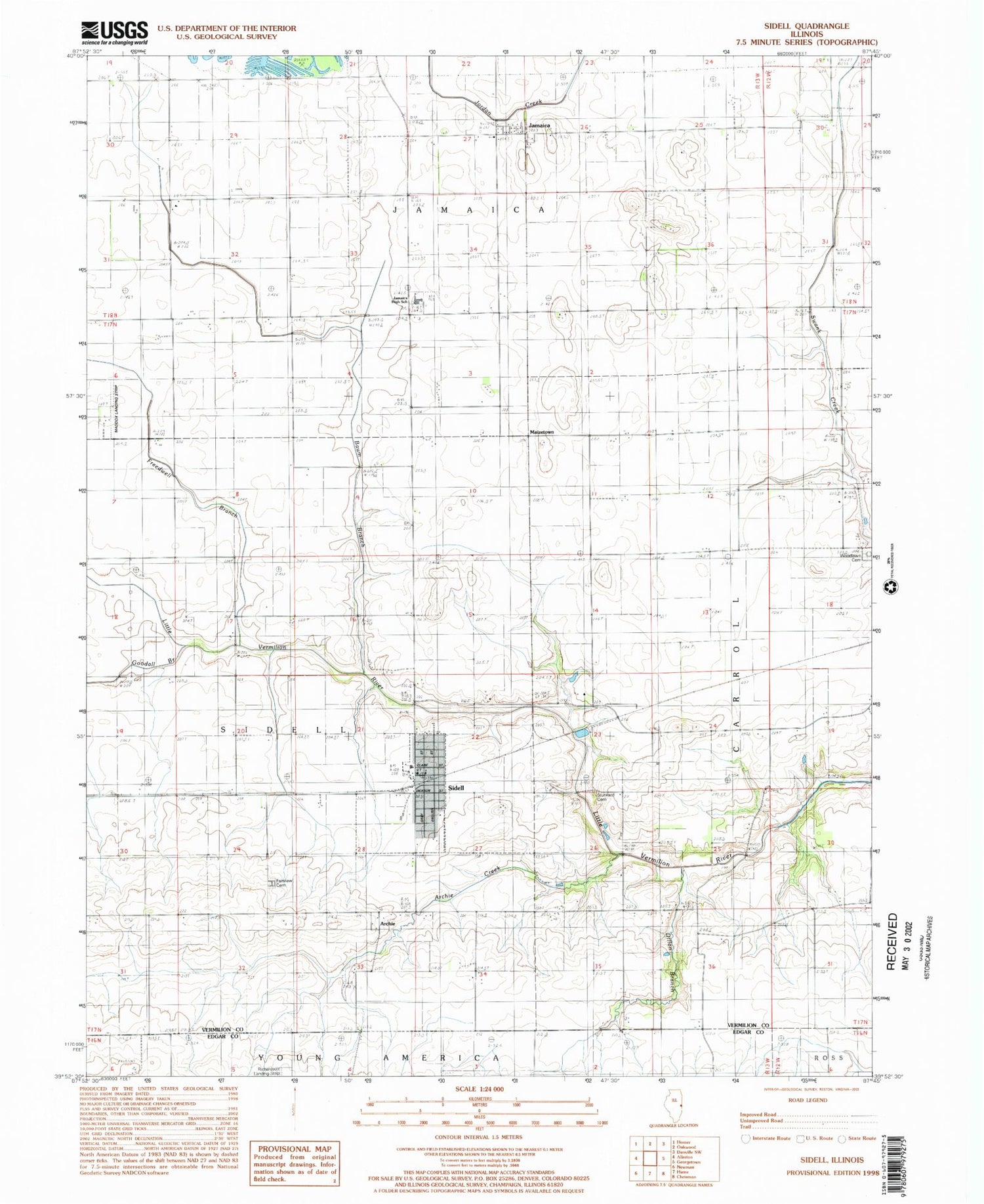 Classic USGS Sidell Illinois 7.5'x7.5' Topo Map Image
