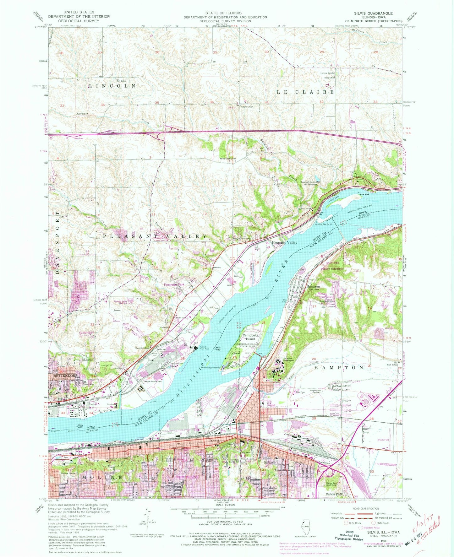 Classic USGS Silvis Illinois 7.5'x7.5' Topo Map Image