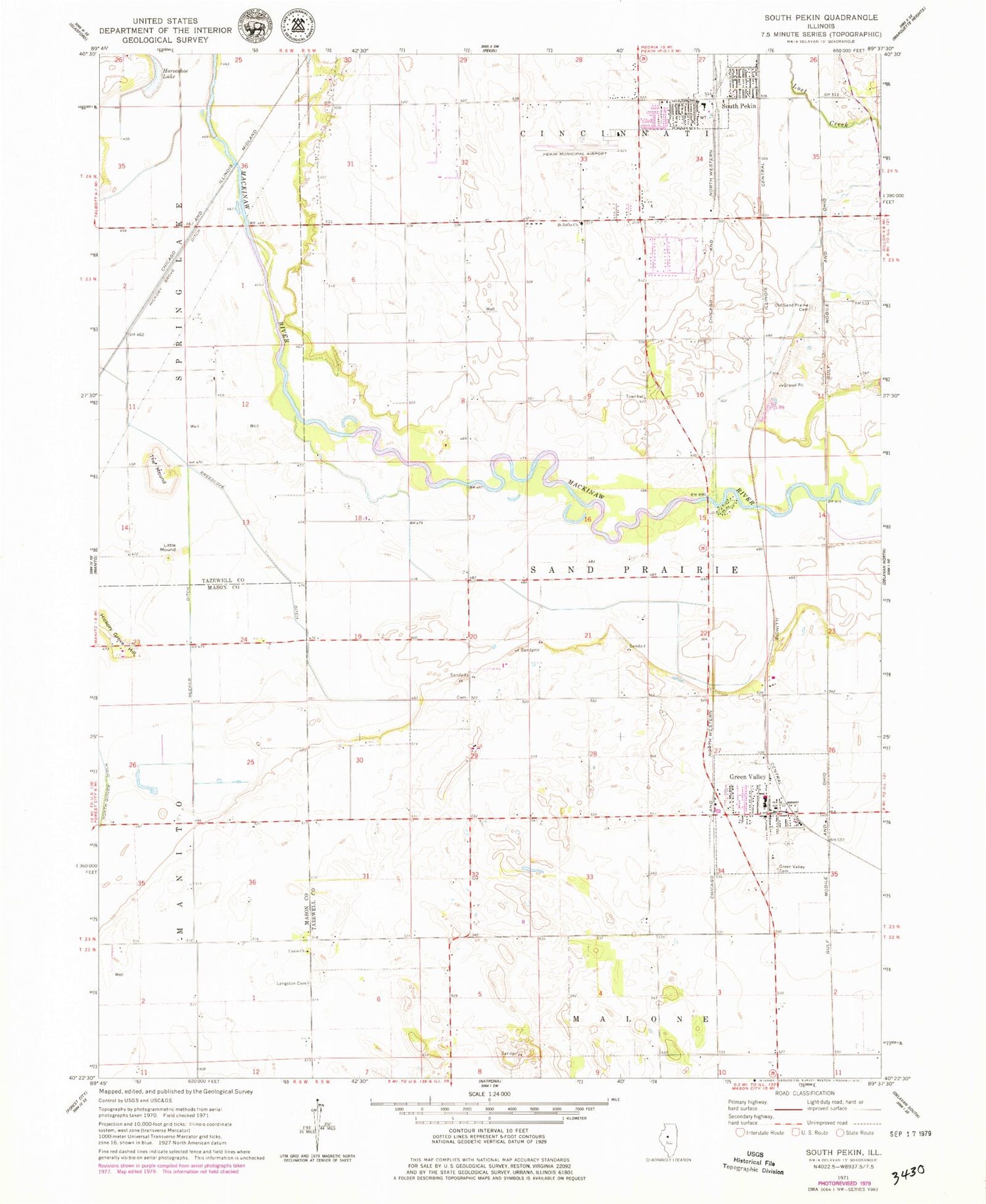 Classic USGS South Pekin Illinois 7.5'x7.5' Topo Map Image