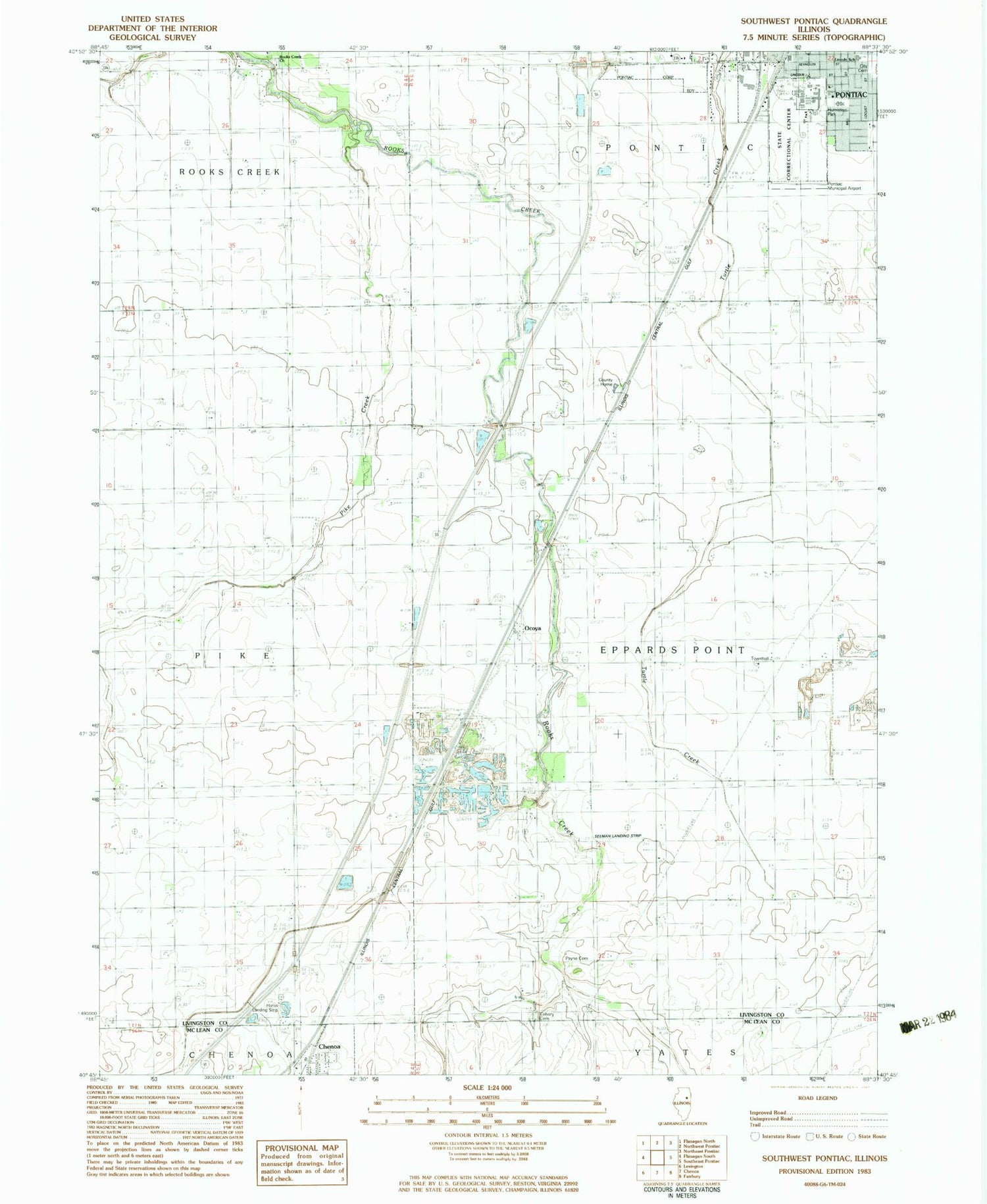 Classic USGS Southwest Pontiac Illinois 7.5'x7.5' Topo Map Image
