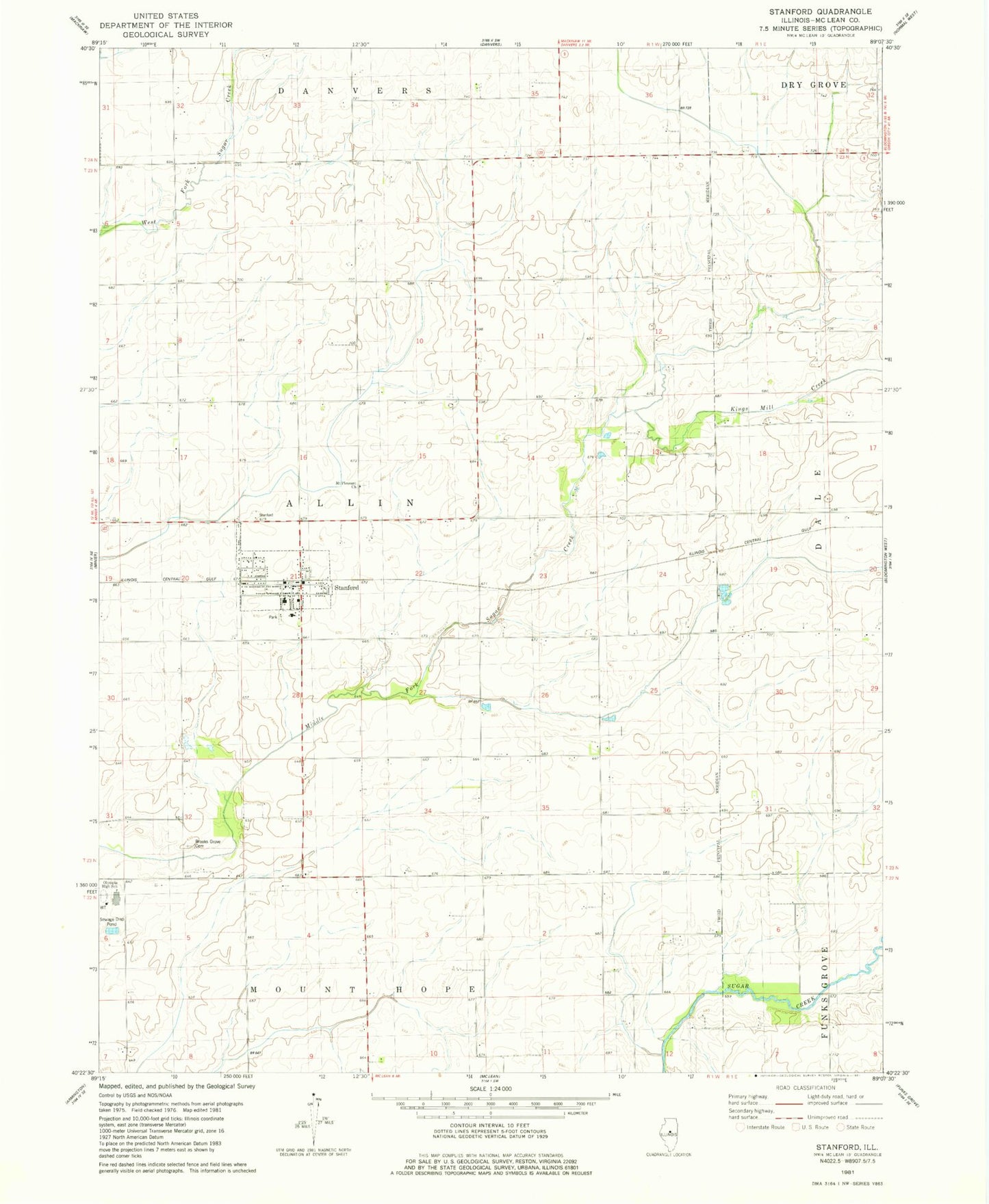 Classic USGS Stanford Illinois 7.5'x7.5' Topo Map Image