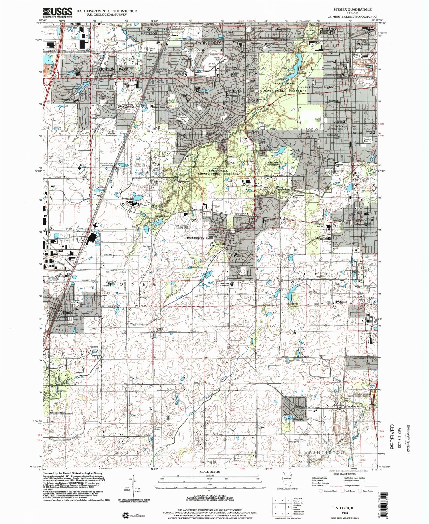 Classic USGS Steger Illinois 7.5'x7.5' Topo Map Image
