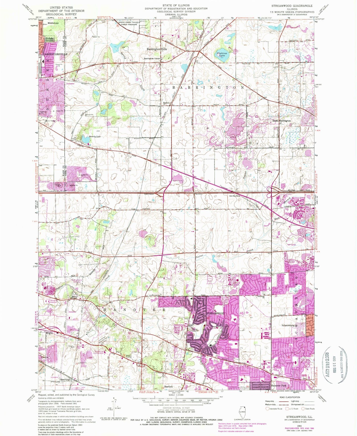 Classic USGS Streamwood Illinois 7.5'x7.5' Topo Map Image