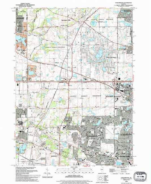 Classic USGS Streamwood Illinois 7.5'x7.5' Topo Map Image