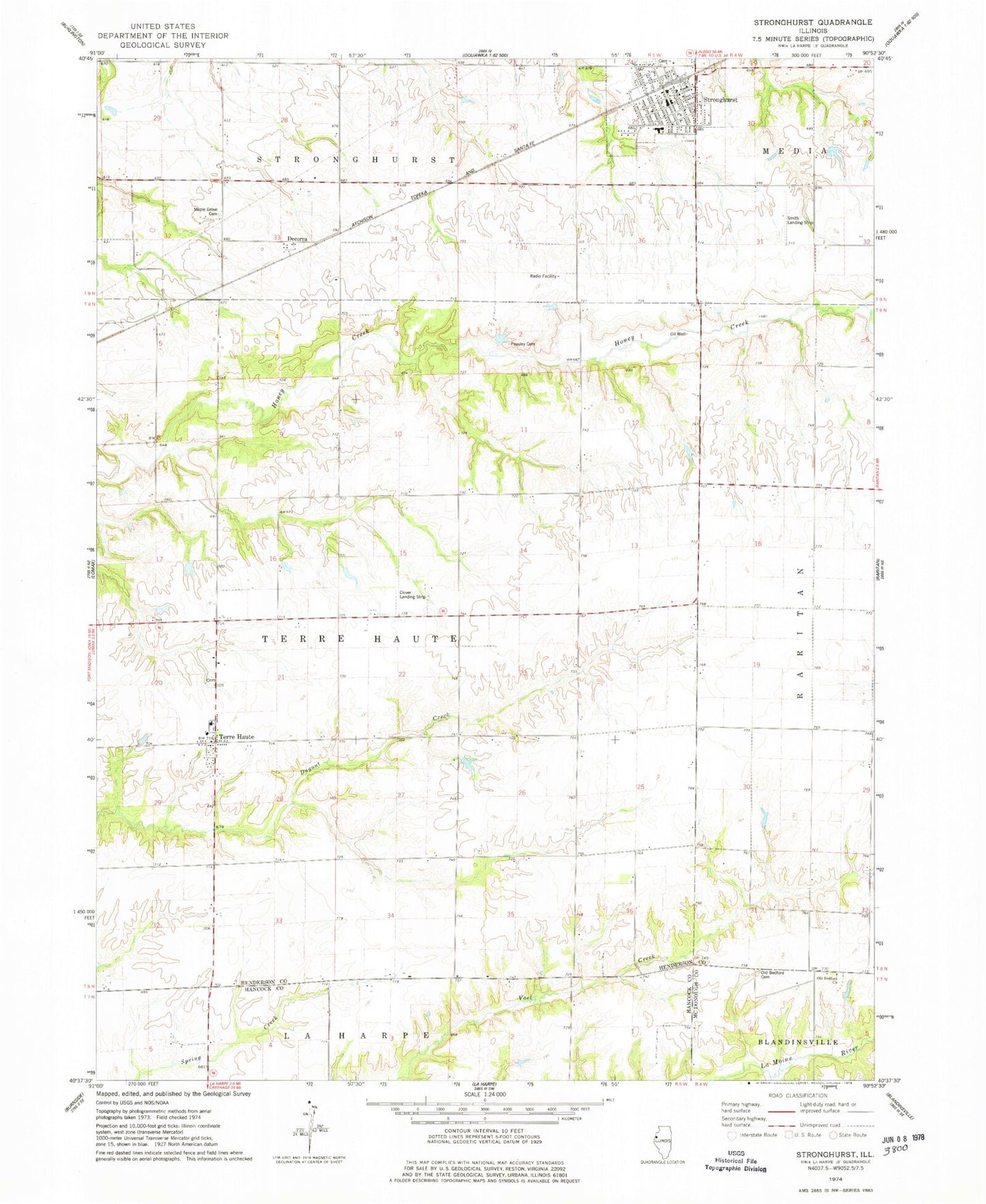 Classic USGS Stronghurst Illinois 7.5'x7.5' Topo Map Image