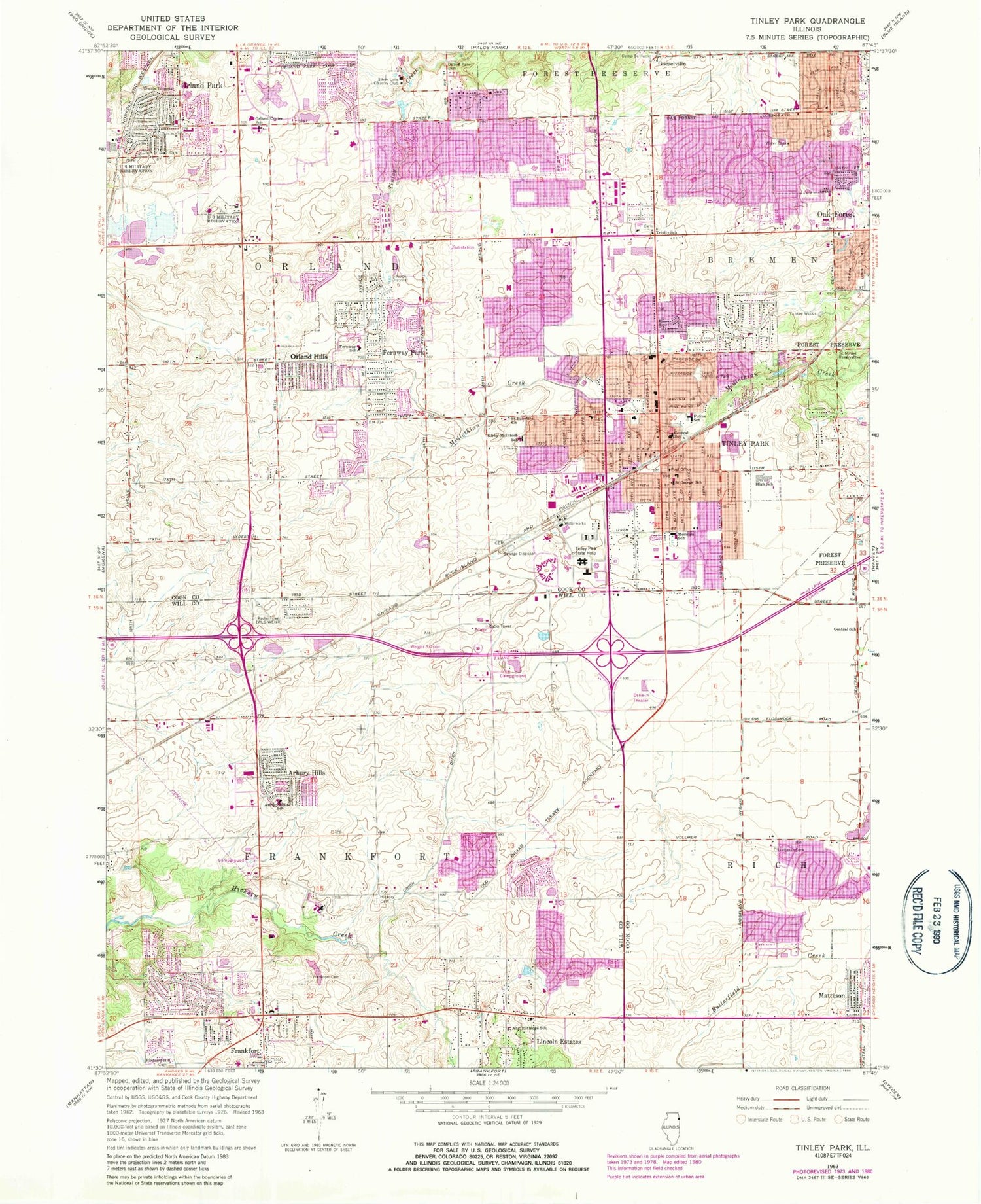 Classic USGS Tinley Park Illinois 7.5'x7.5' Topo Map Image