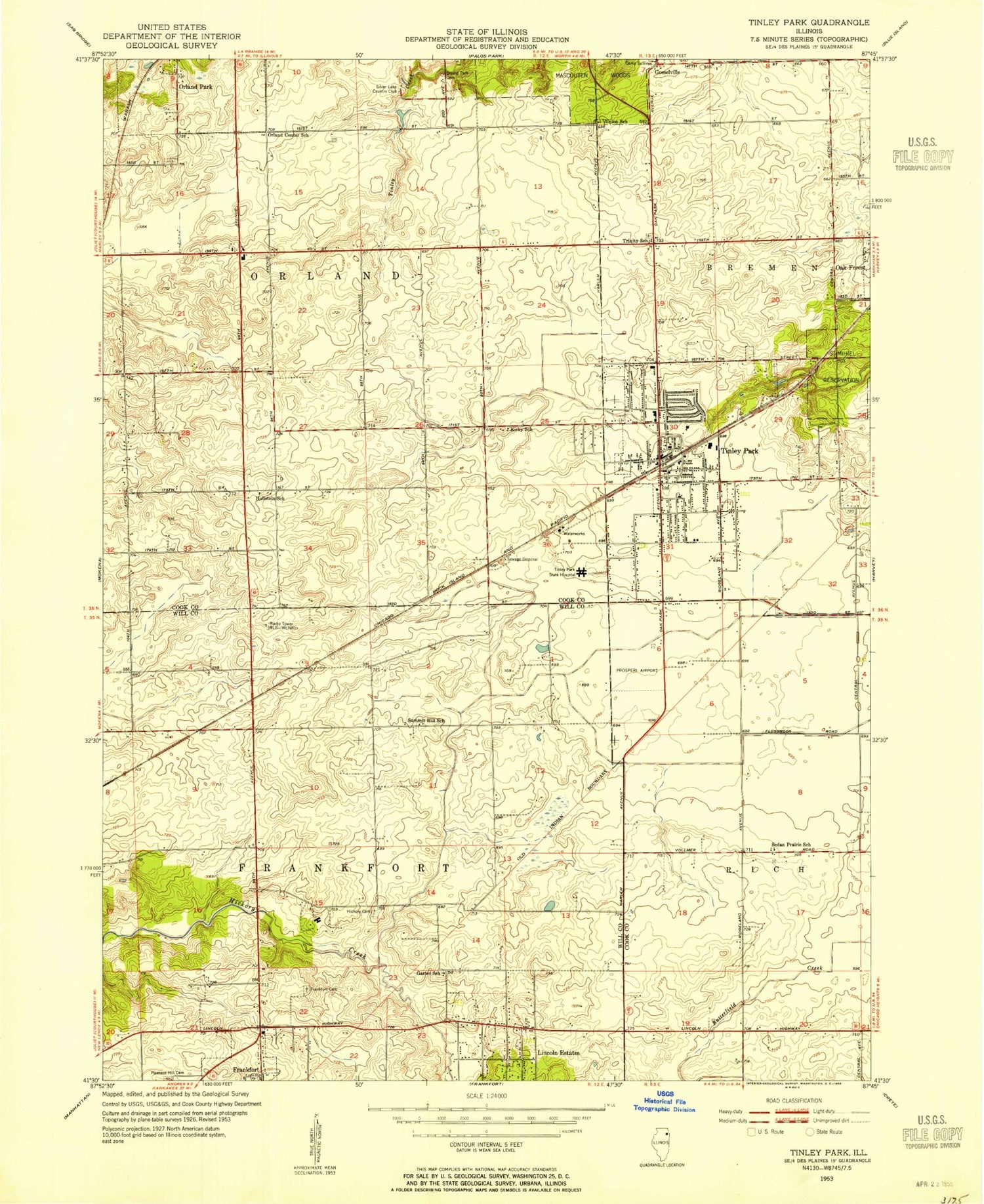 Classic USGS Tinley Park Illinois 7.5'x7.5' Topo Map Image