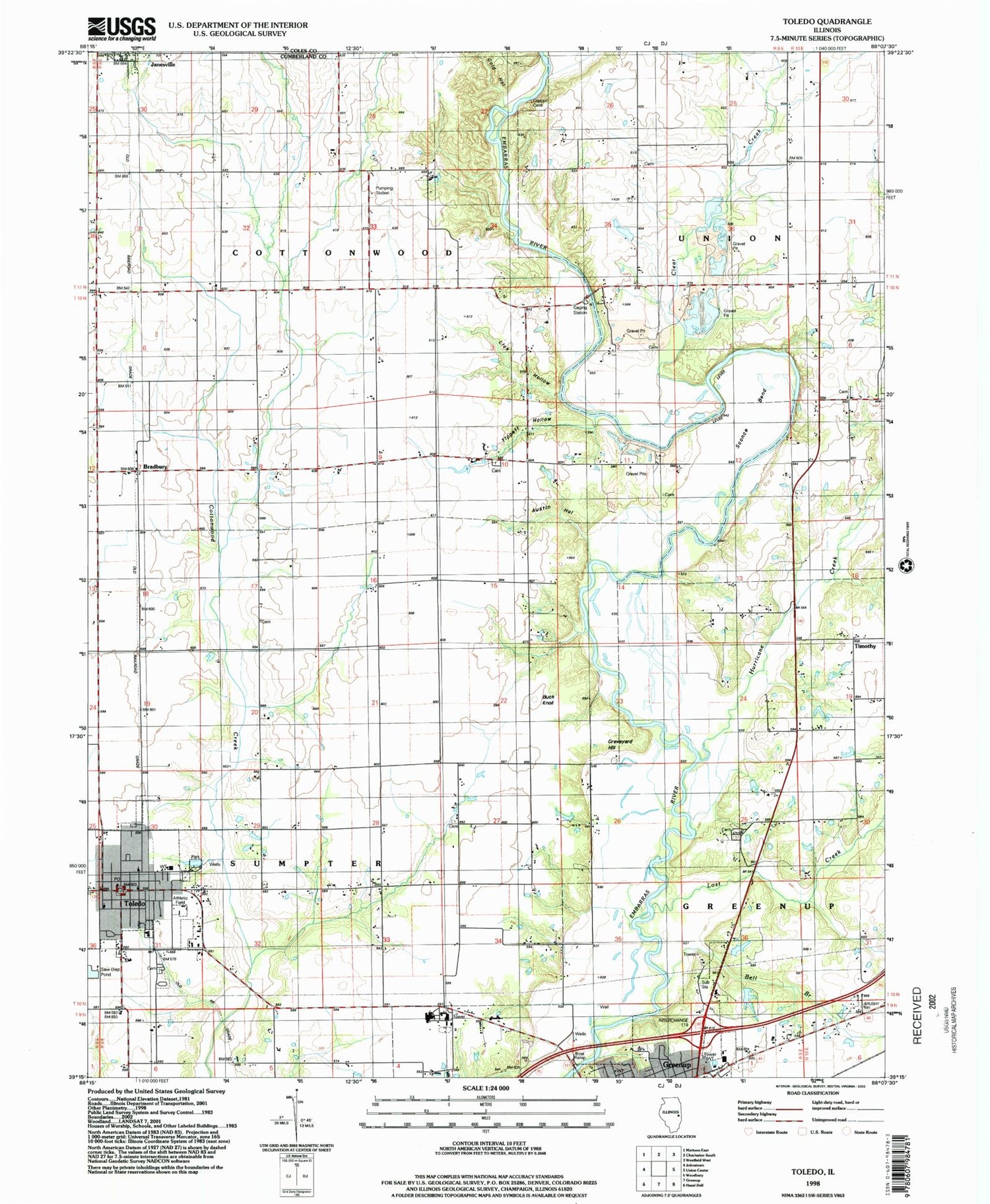 Classic USGS Toledo Illinois 7.5'x7.5' Topo Map Image