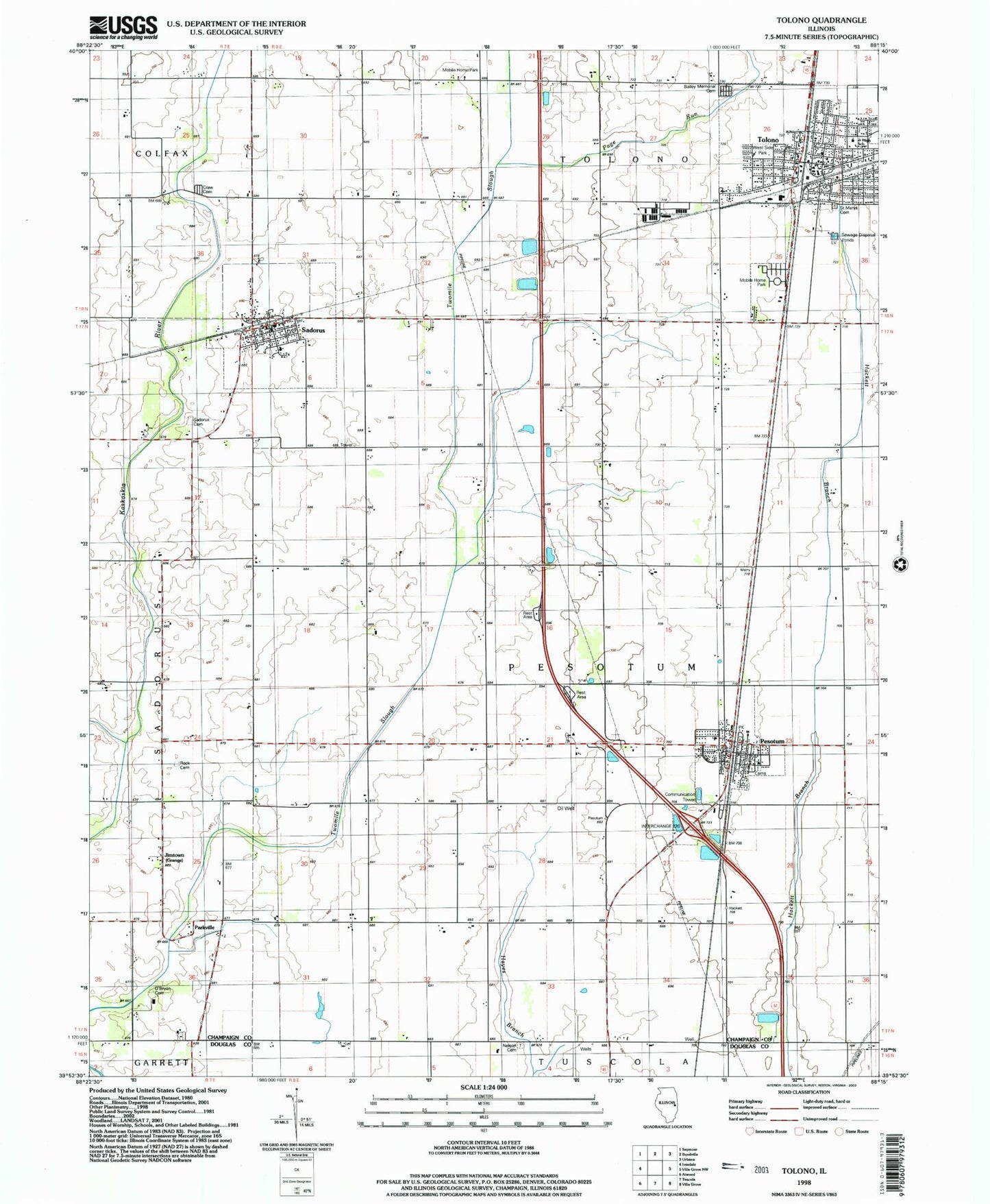 Classic USGS Tolono Illinois 7.5'x7.5' Topo Map Image