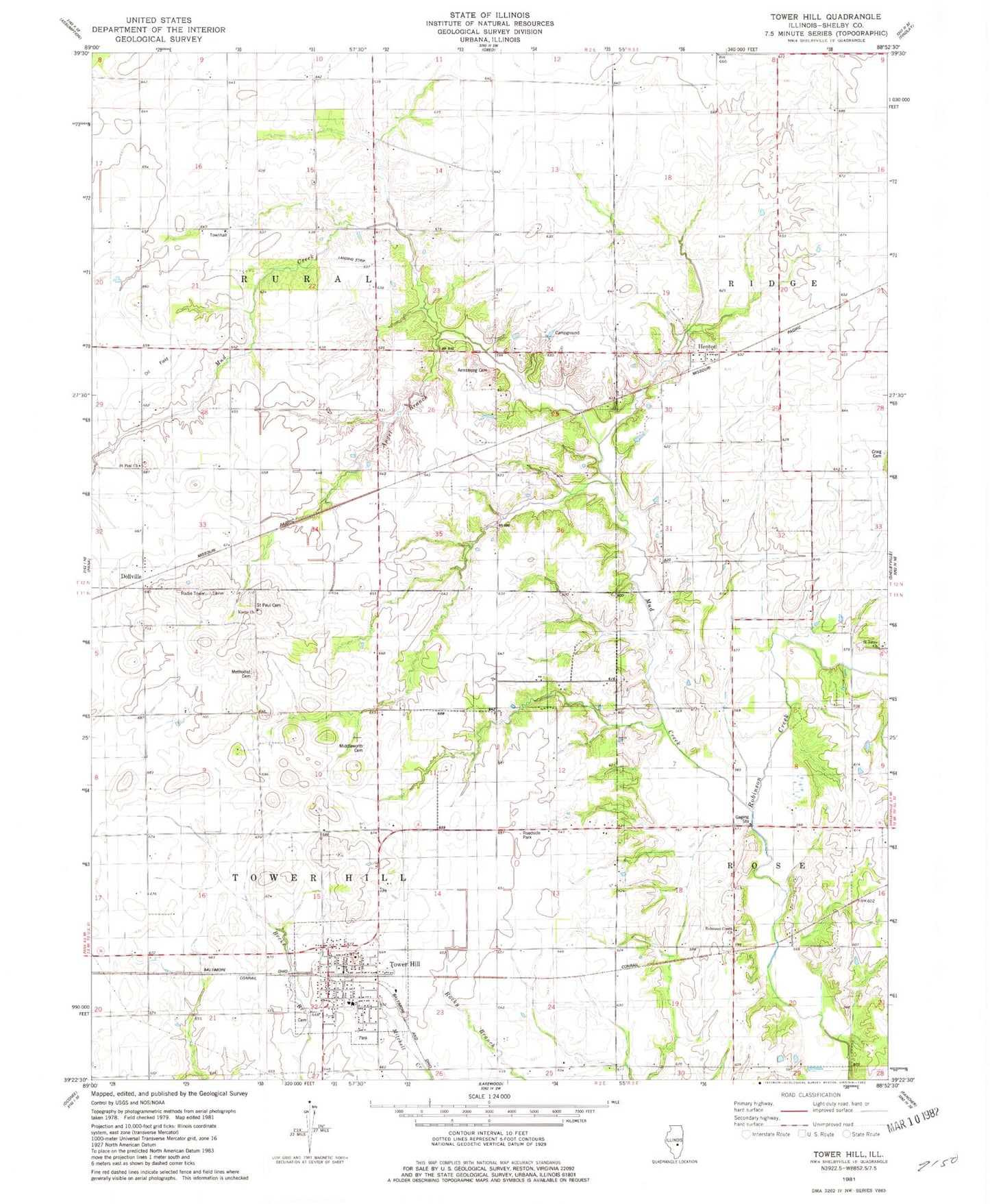 Classic USGS Tower Hill Illinois 7.5'x7.5' Topo Map Image
