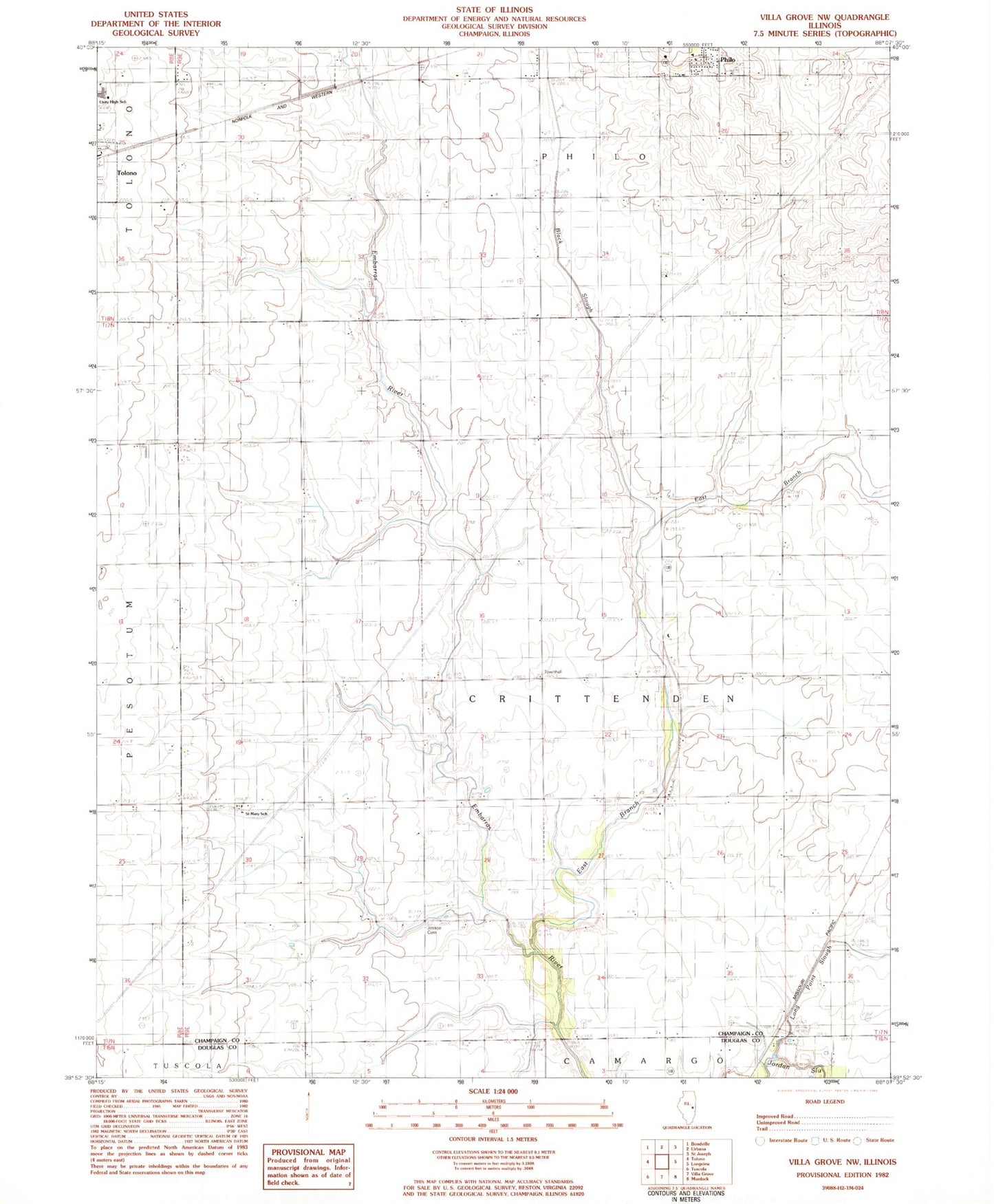 Classic USGS Villa Grove NW Illinois 7.5'x7.5' Topo Map Image