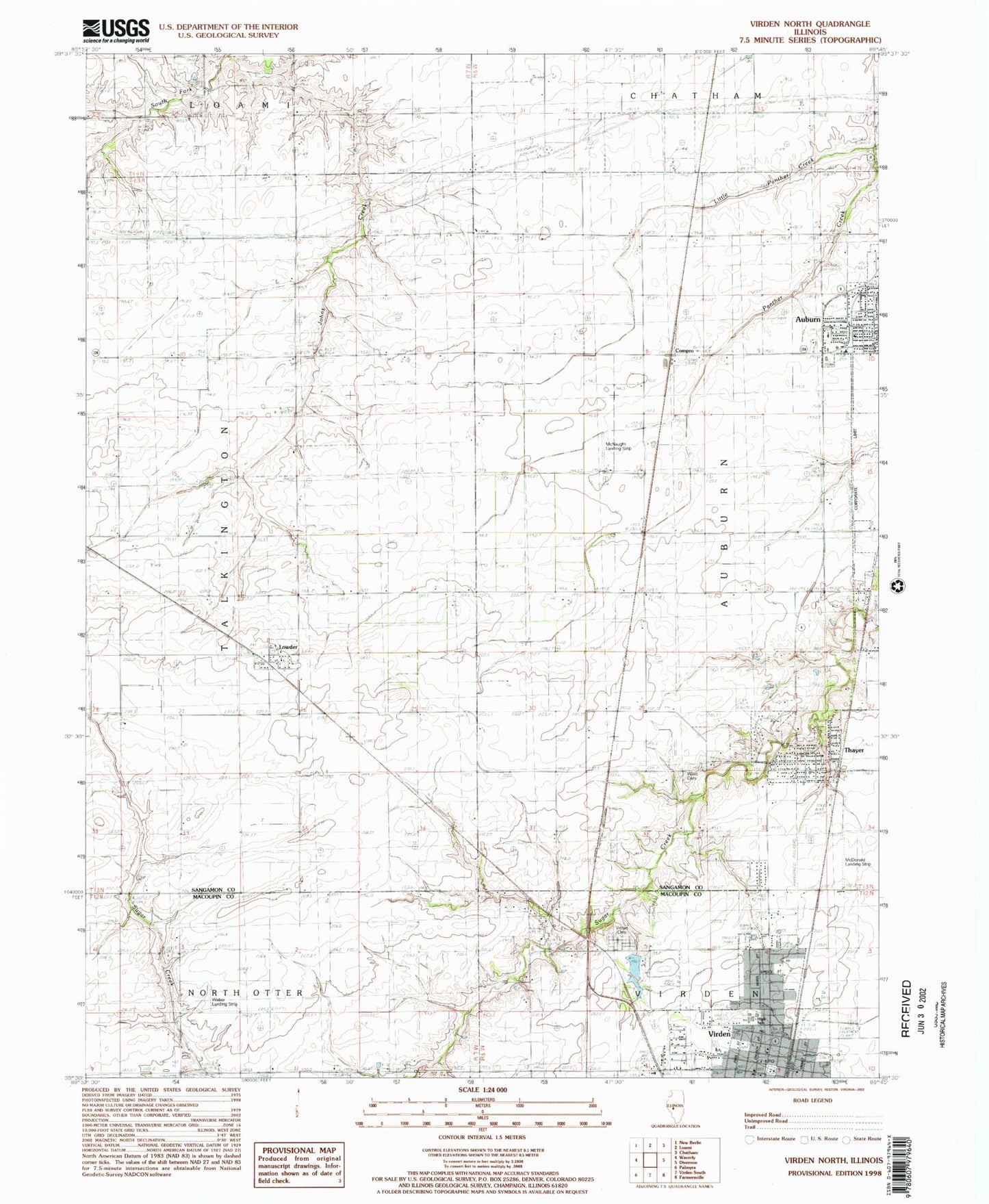 Classic USGS Virden North Illinois 7.5'x7.5' Topo Map Image