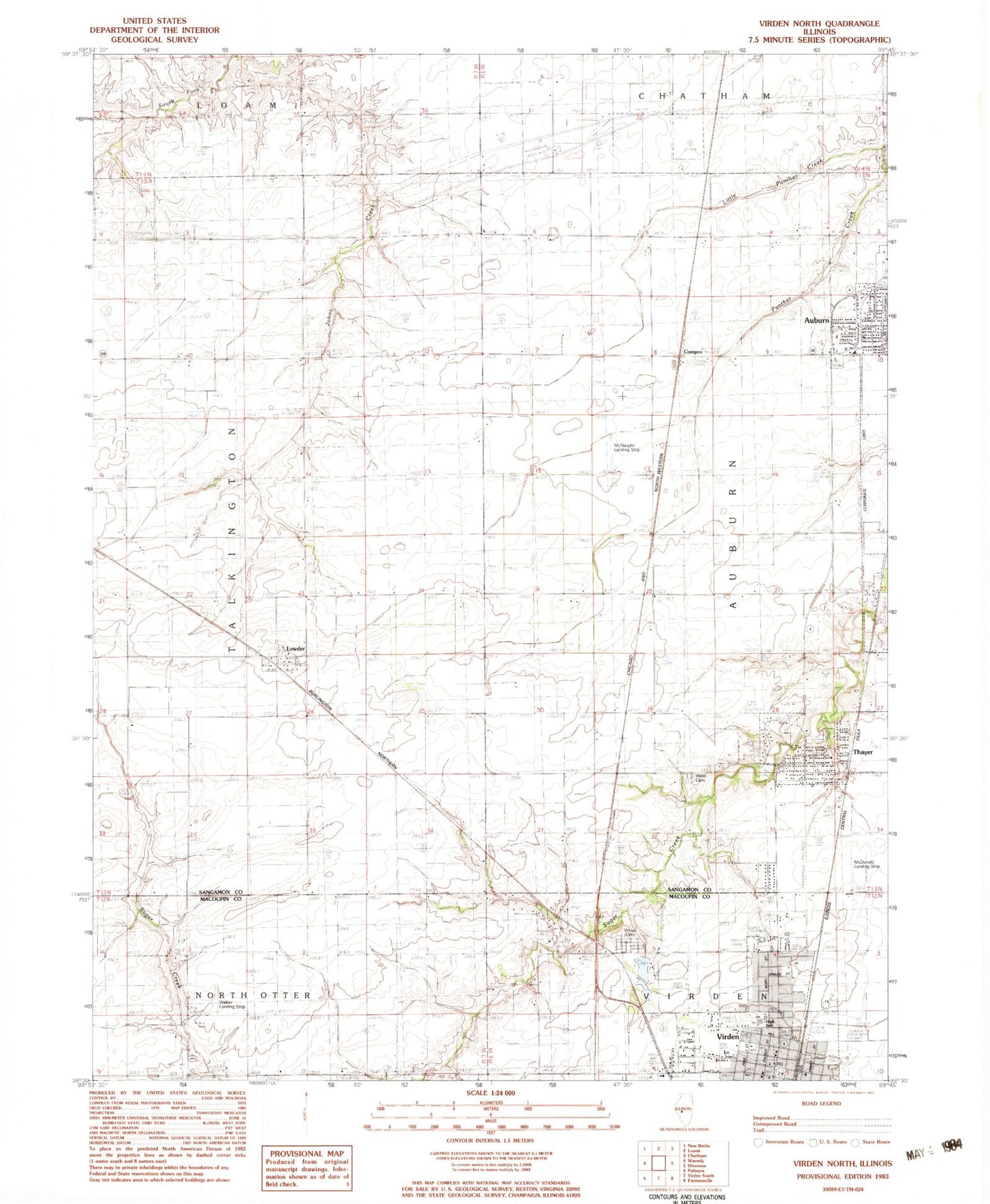 Classic USGS Virden North Illinois 7.5'x7.5' Topo Map Image