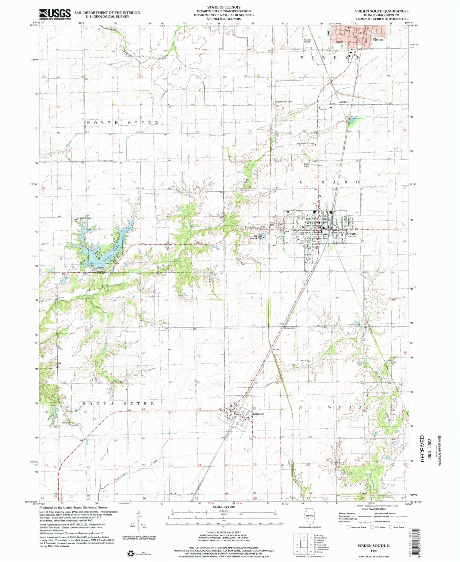 Classic USGS Virden South Illinois 7.5'x7.5' Topo Map Image