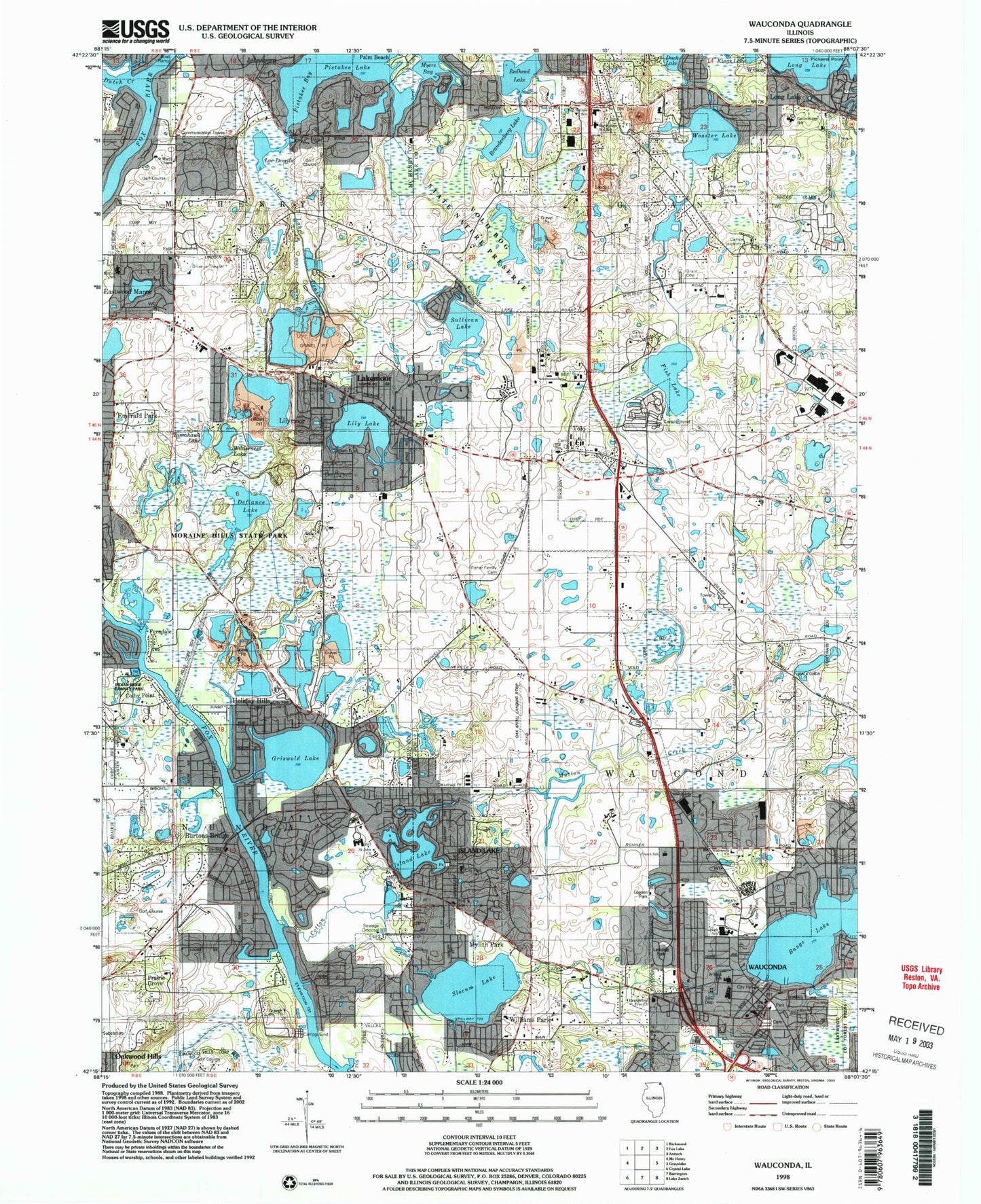 Classic USGS Wauconda Illinois 7.5'x7.5' Topo Map Image