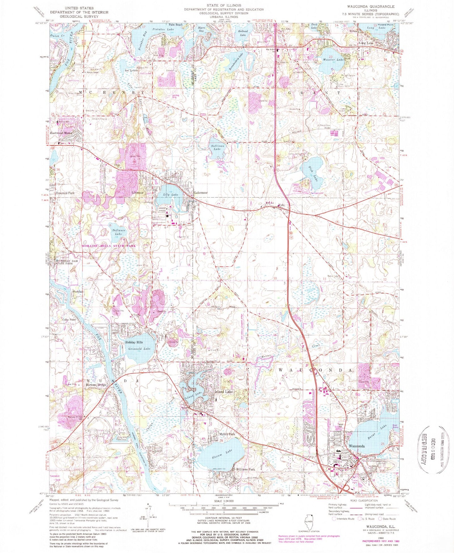 Classic USGS Wauconda Illinois 7.5'x7.5' Topo Map Image