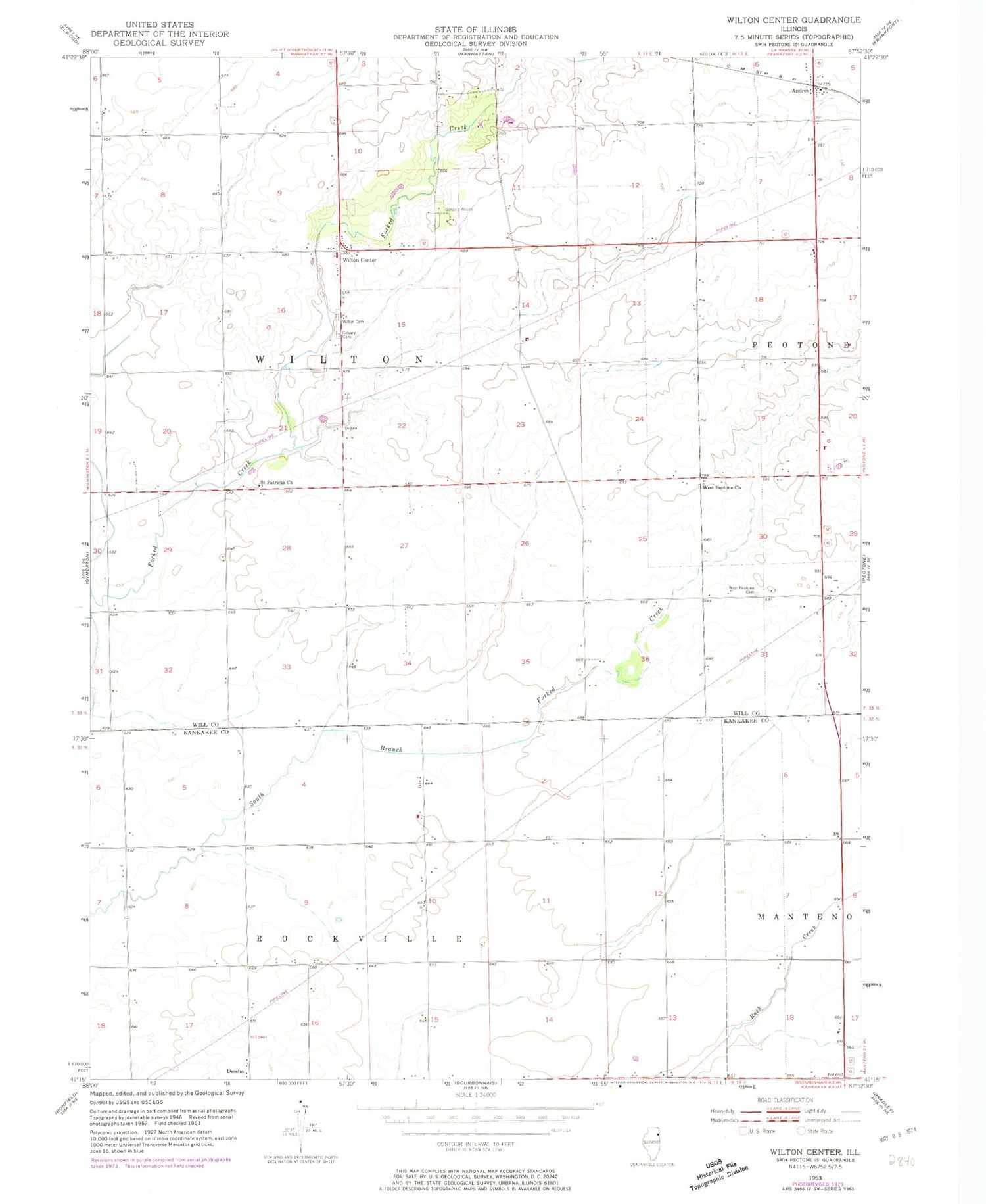 Classic USGS Wilton Center Illinois 7.5'x7.5' Topo Map Image