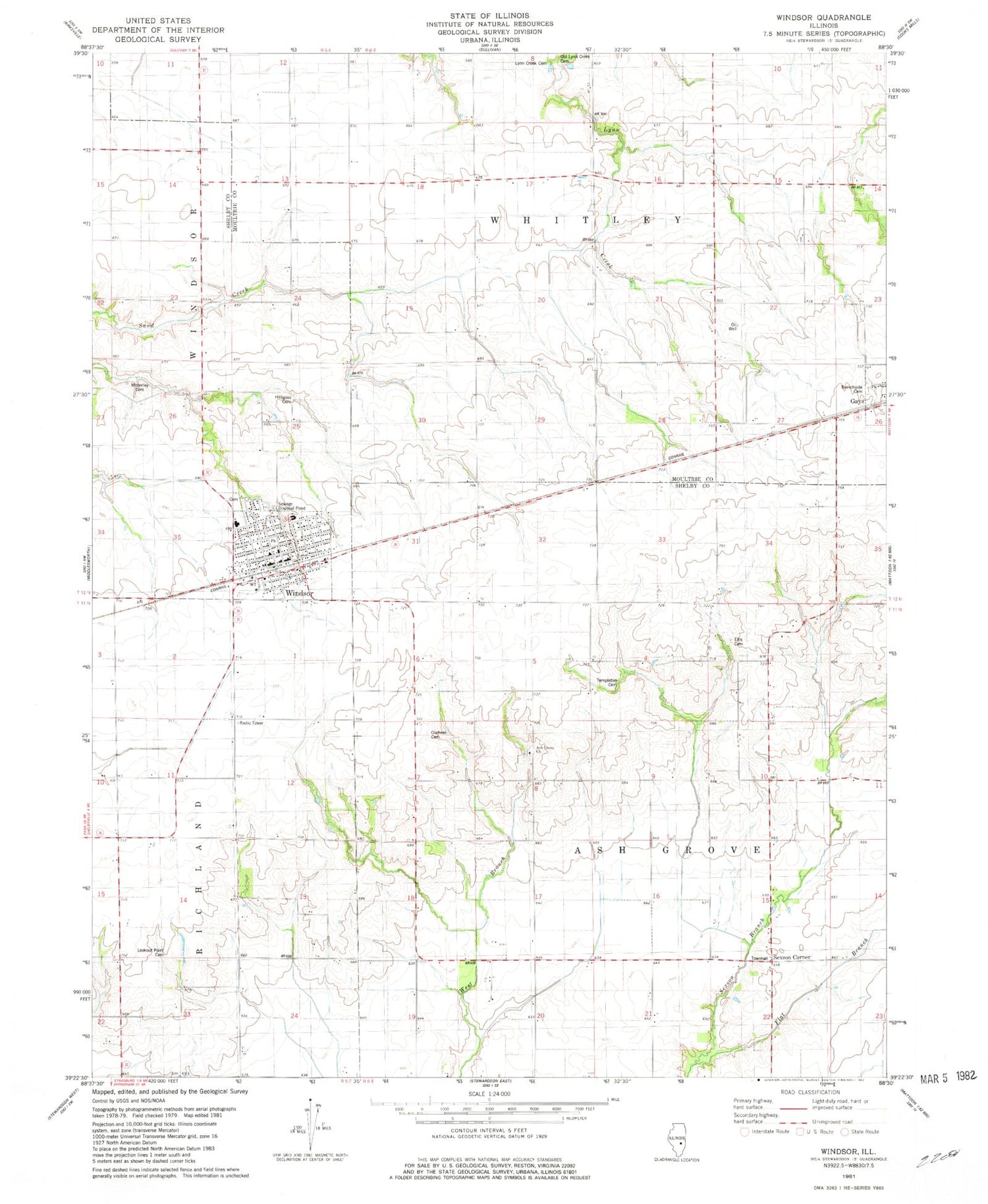 Classic USGS Windsor Illinois 7.5'x7.5' Topo Map Image