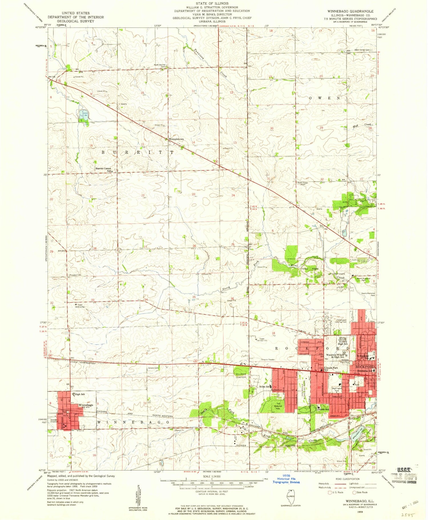 Classic USGS Winnebago Illinois 7.5'x7.5' Topo Map Image