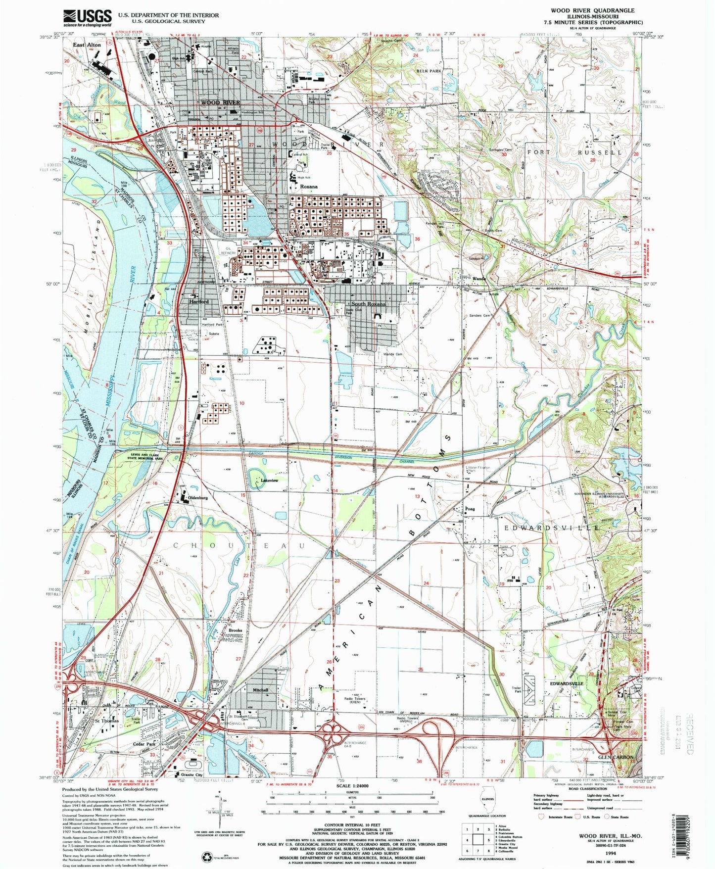 Classic USGS Wood River Illinois 7.5'x7.5' Topo Map Image