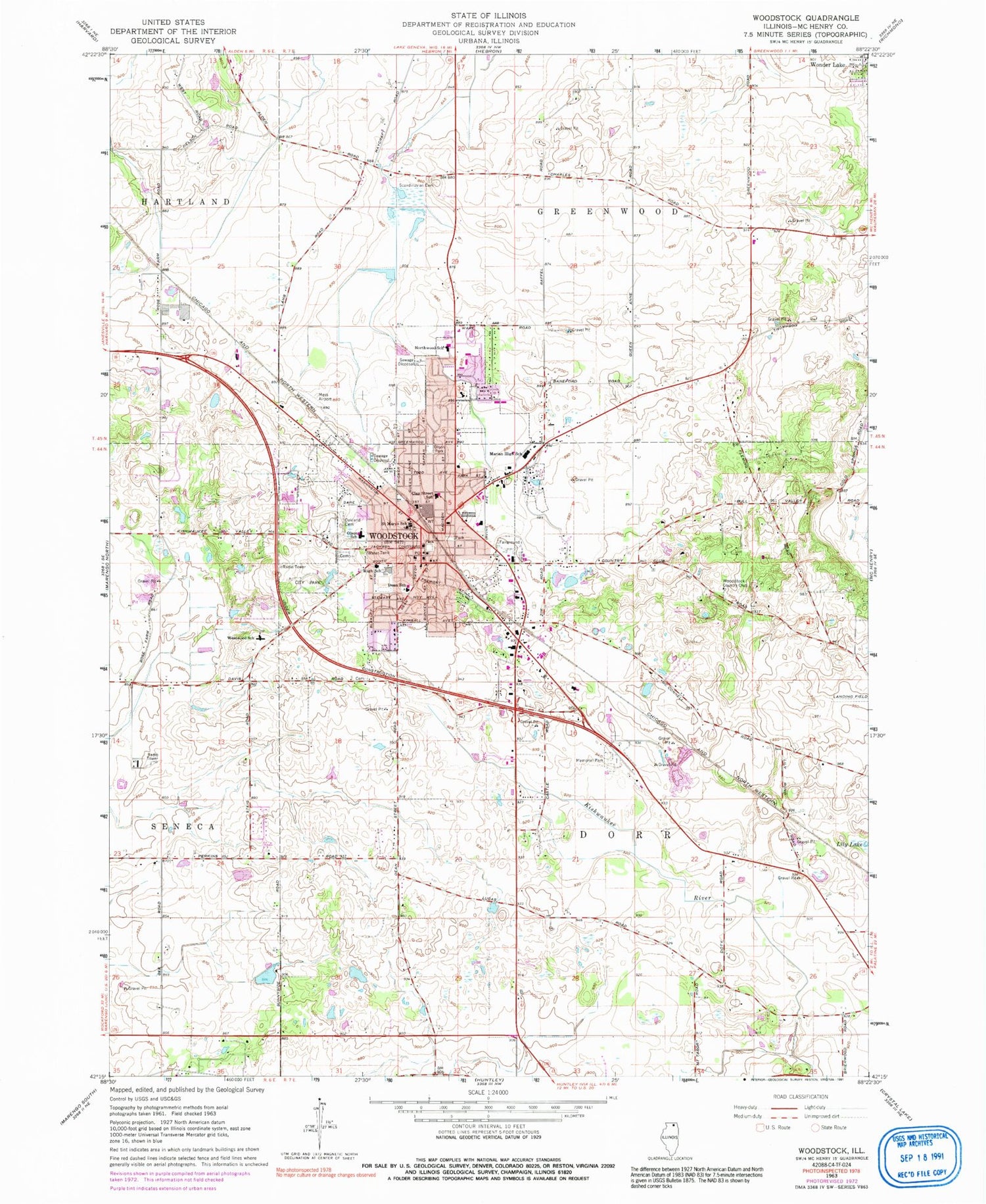 Classic USGS Woodstock Illinois 7.5'x7.5' Topo Map Image