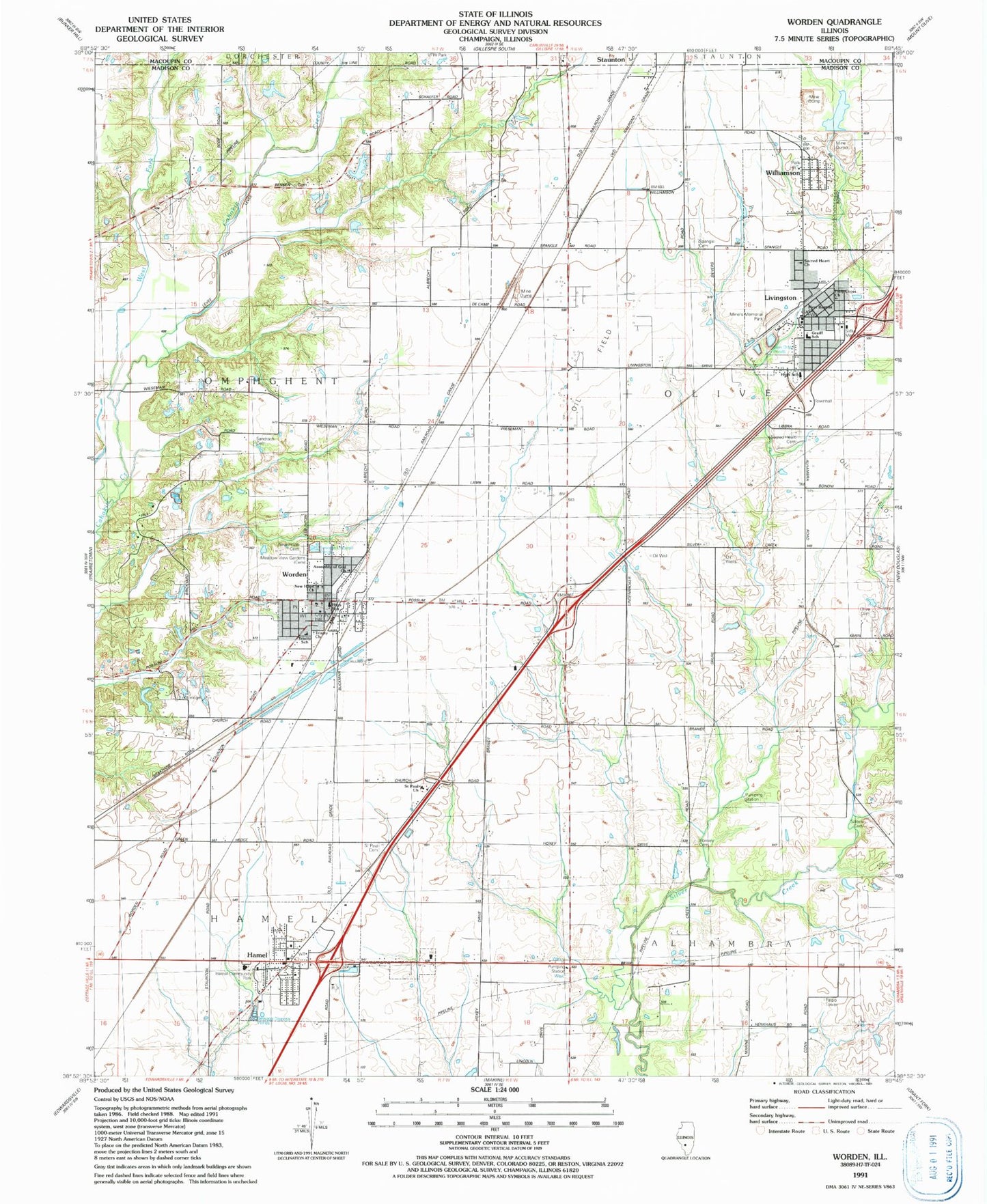 Classic USGS Worden Illinois 7.5'x7.5' Topo Map Image