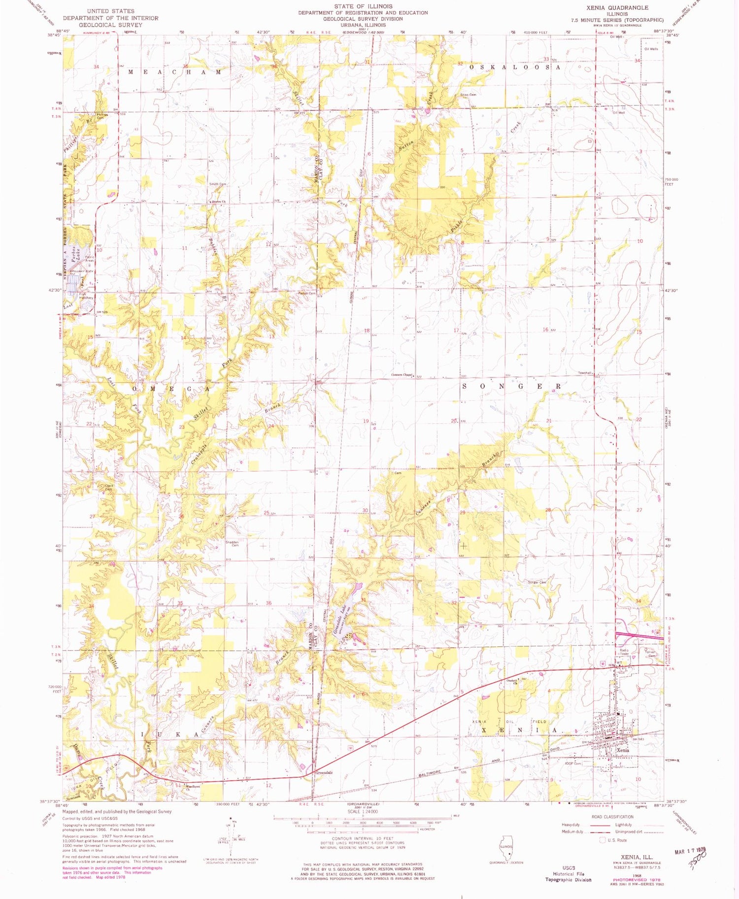 Classic USGS Xenia Illinois 7.5'x7.5' Topo Map Image