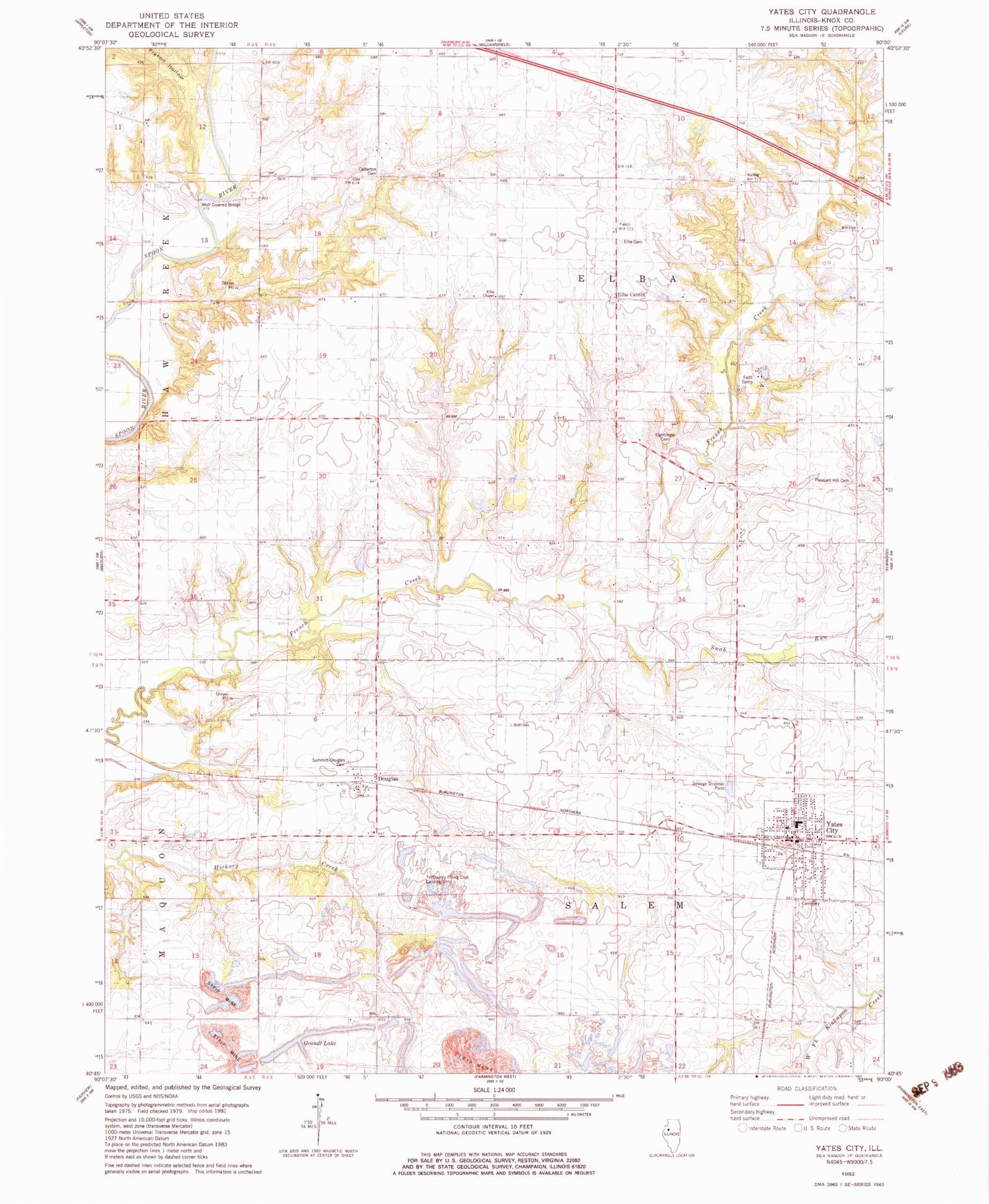Classic USGS Yates City Illinois 7.5'x7.5' Topo Map Image