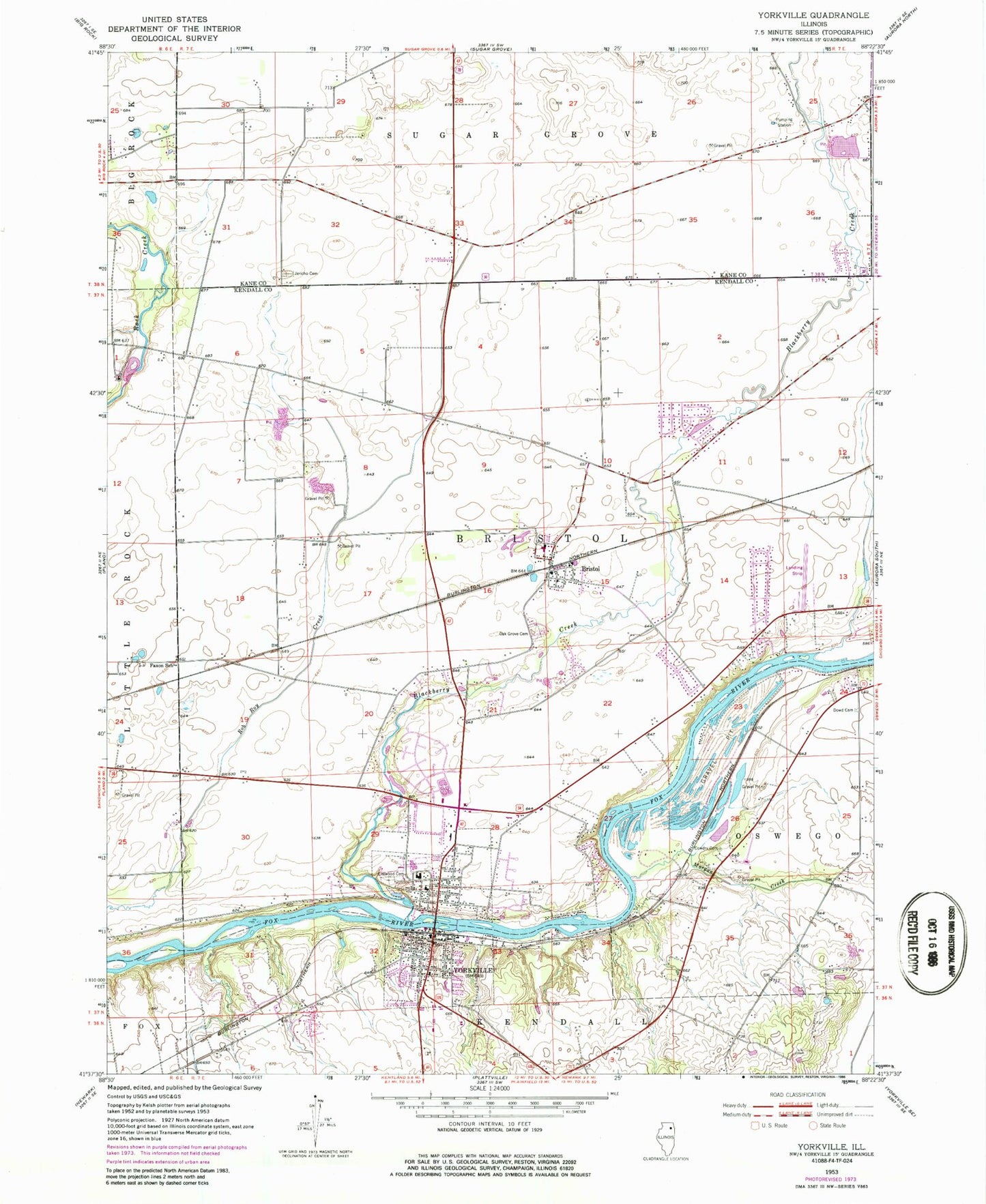 Classic USGS Yorkville Illinois 7.5'x7.5' Topo Map Image