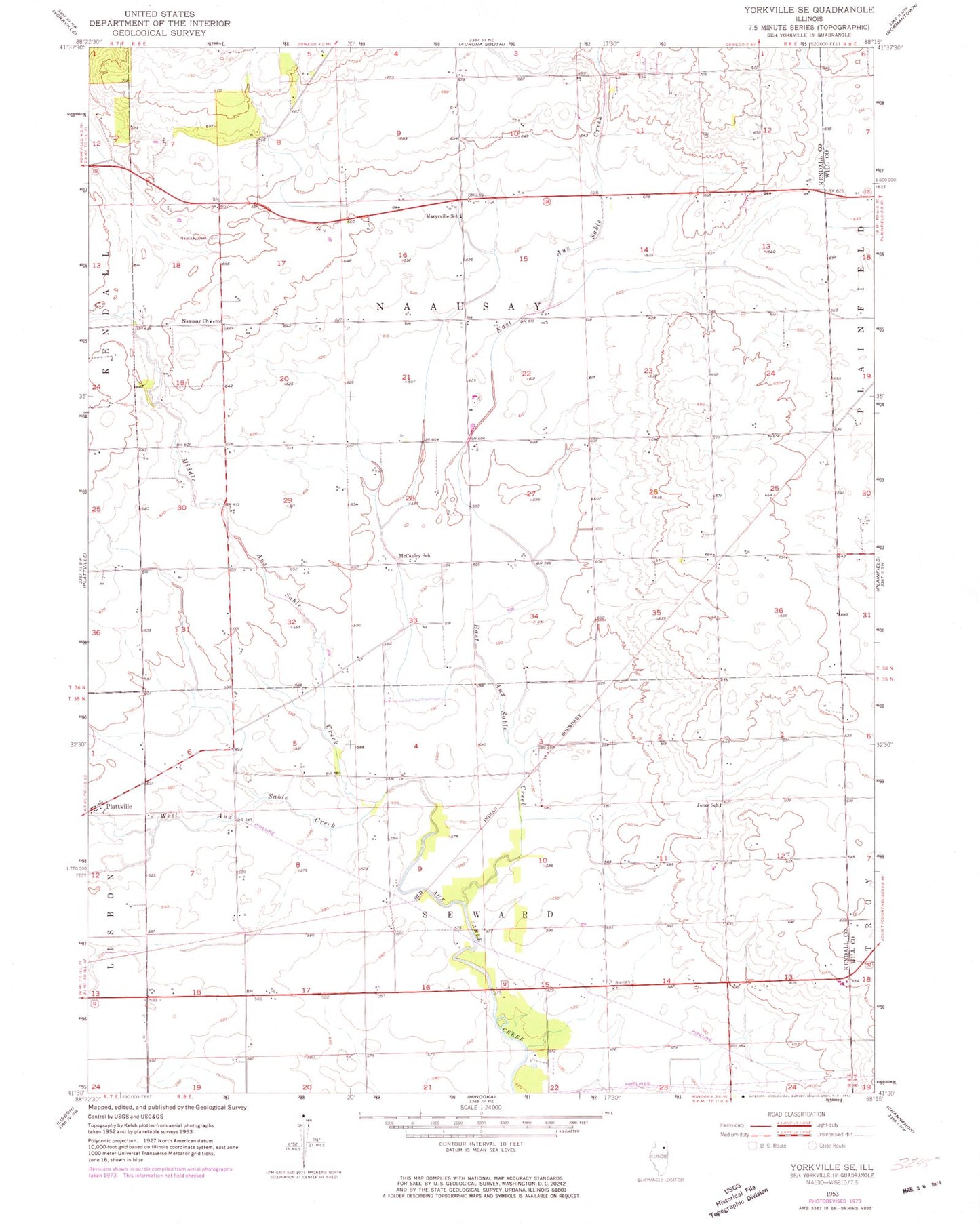 Classic USGS Yorkville SE Illinois 7.5'x7.5' Topo Map Image